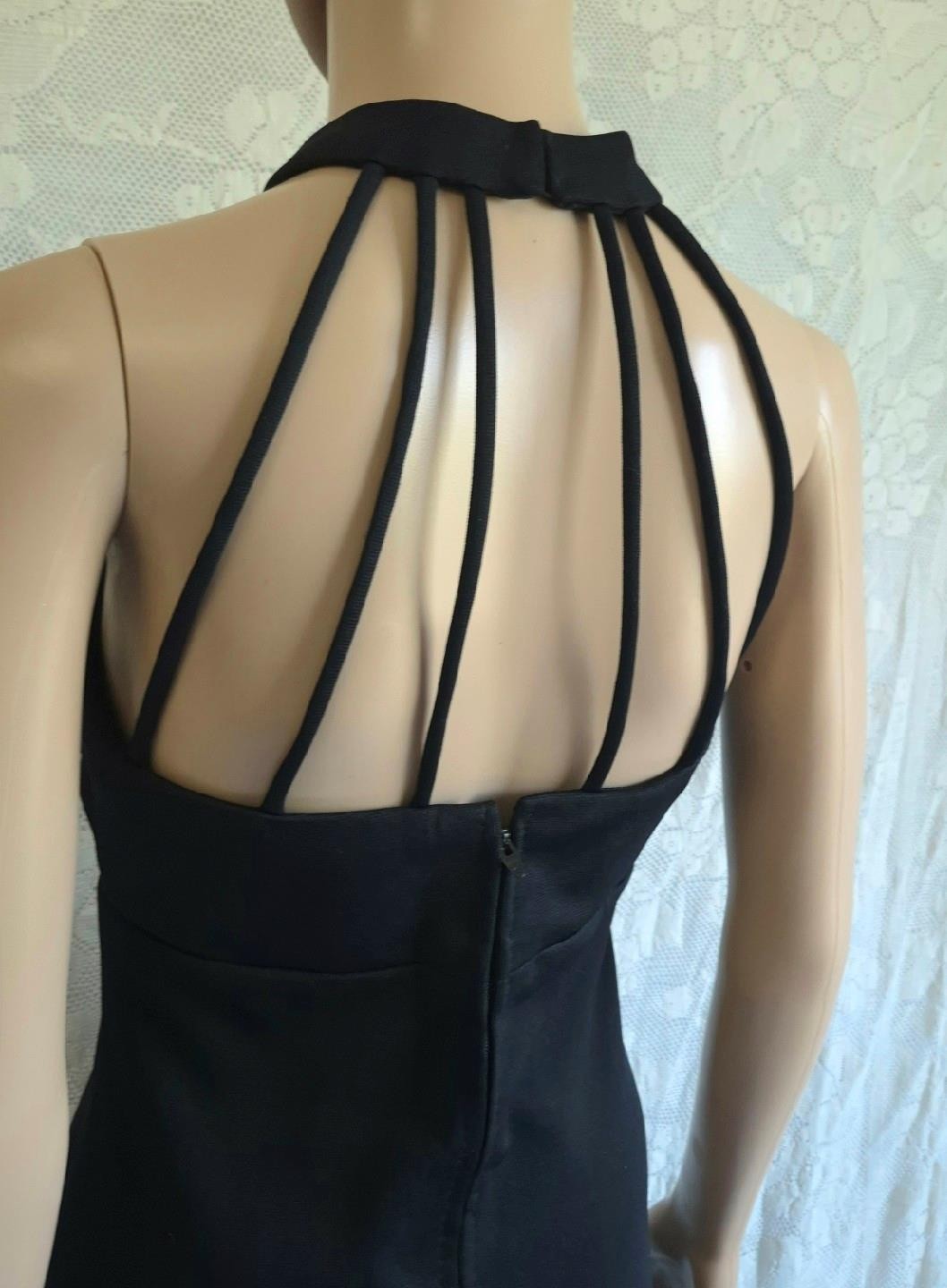 BOHO MODERN Vintage 70s LBD Halter Neck Cage Back Empire Waist MAXI DRESS – S/M
