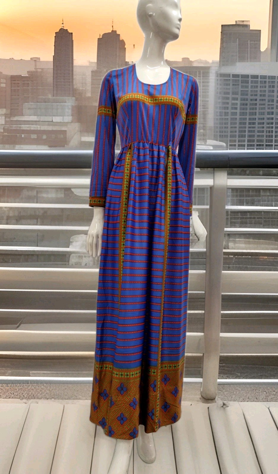 60S 70s Geometric Maxi Dress Blue Multicolor Designer SAKS Leonard Tuttman Small