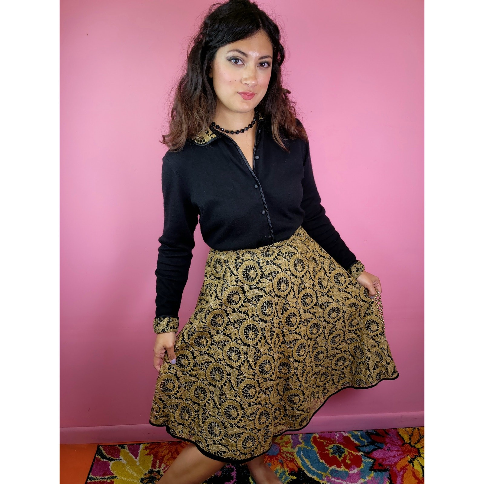 Vintage 1950&rsquo;s Black and Gold Lace Cardigan and Skirt Set by Jantzen / Koret