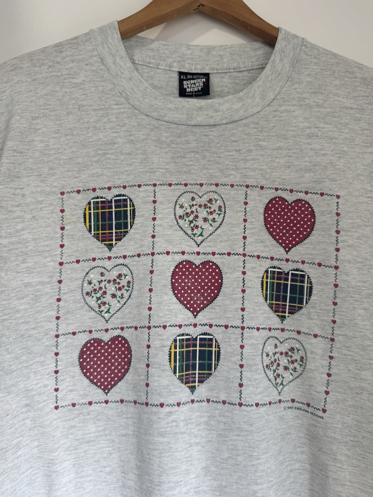 Vintage 1990 Endless Designs Screen Stars Patchwork Heart T-Shirt Gray XL