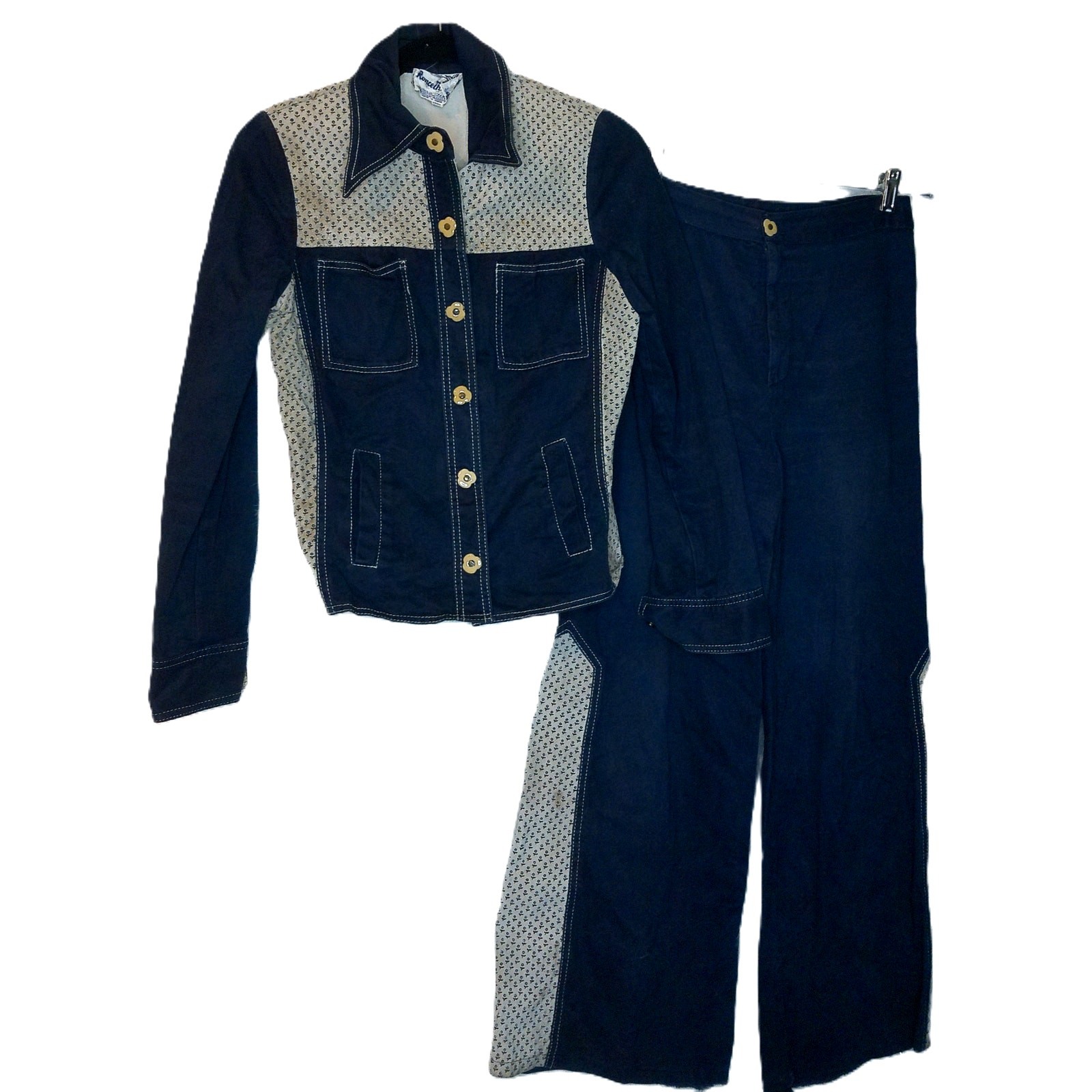 Vintage 70s Roncelli Blue Embossed Bell Bottom Set 13/14 Western Festival 1970s