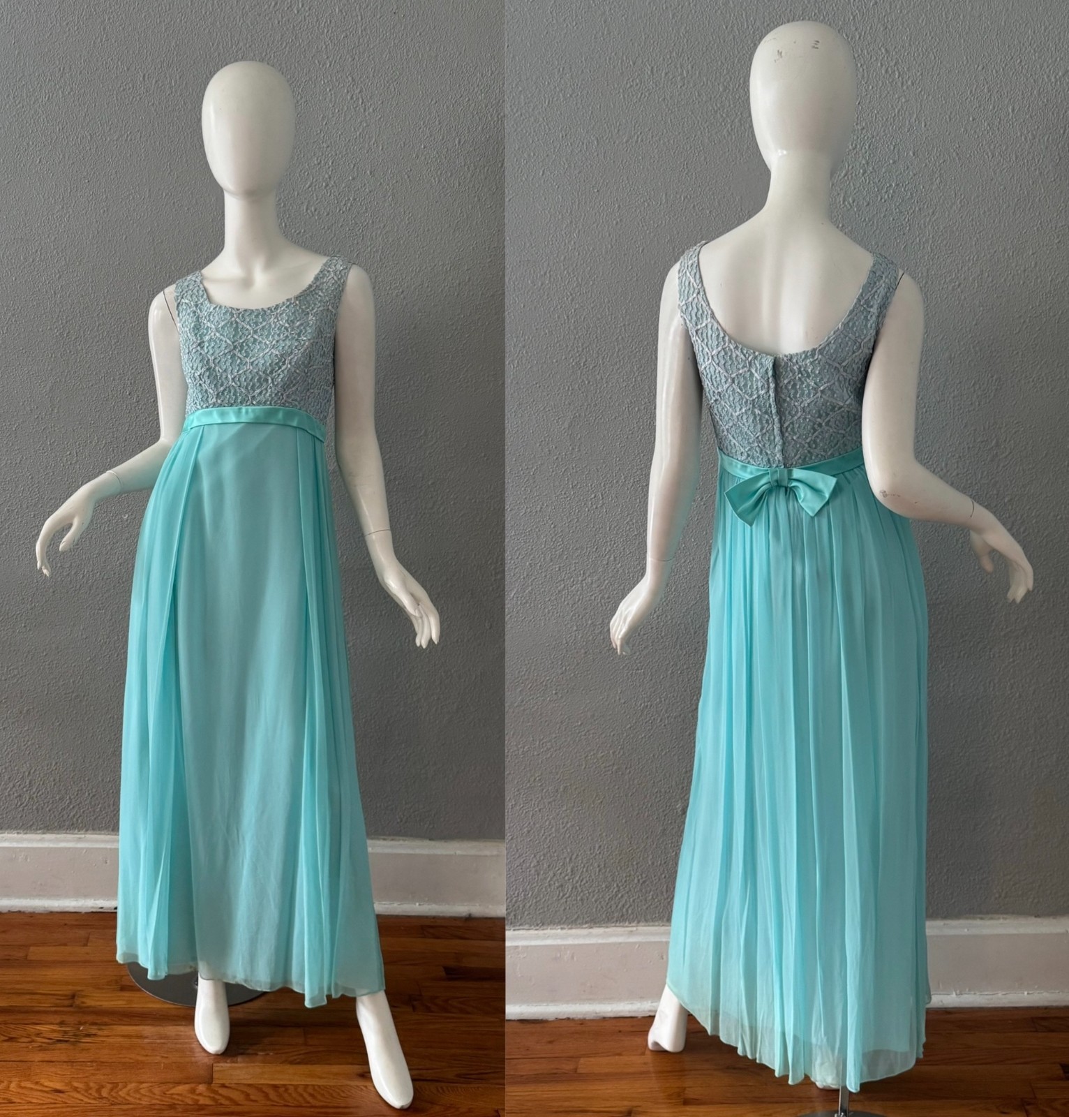 Vintage 60s Aqua Blue MOD Chiffon Bow Party Maxi Dress L