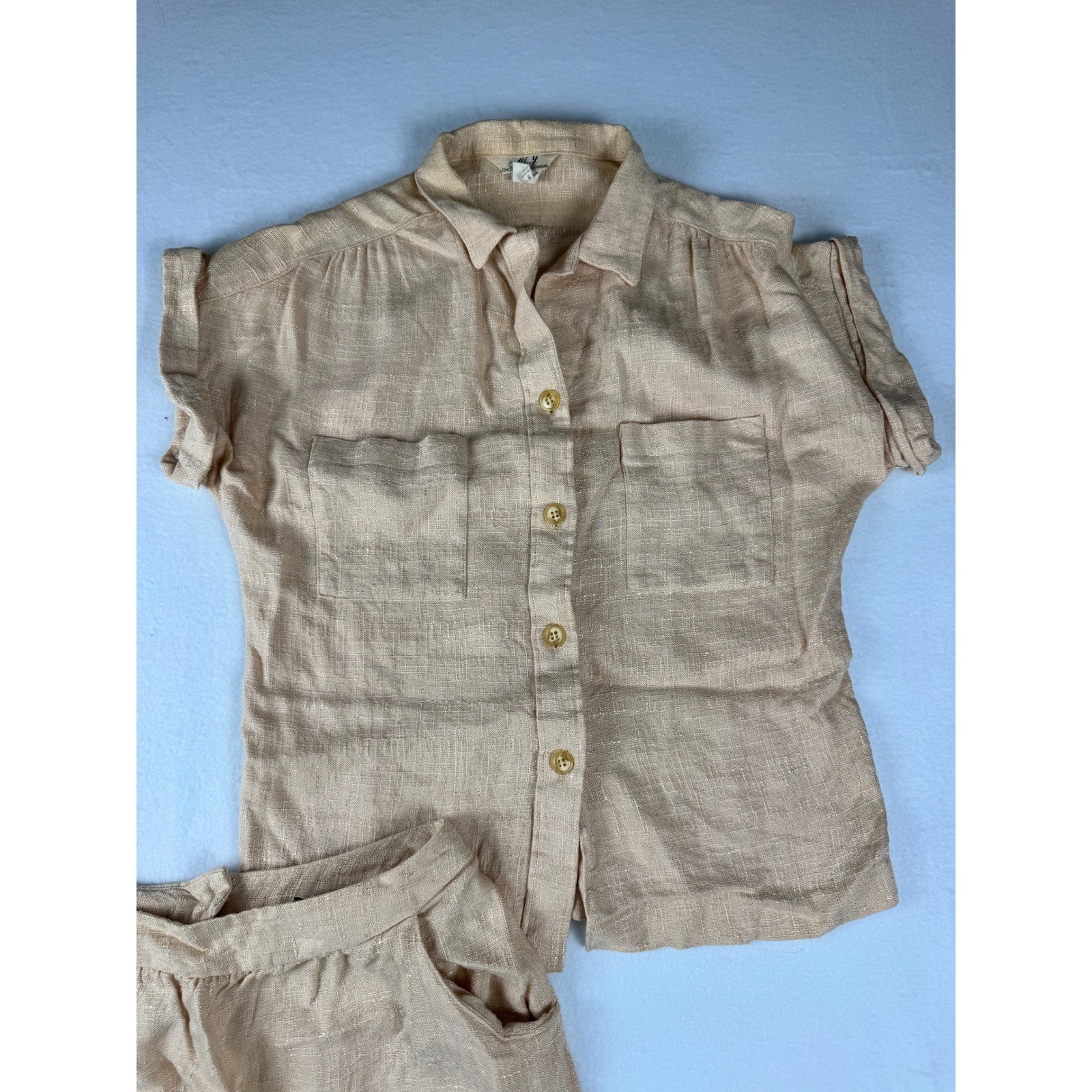 Vintage 70&rsquo;s Linen Blend Neutral Two Piece Skirt Set Tan Short Sleeve Top Midi