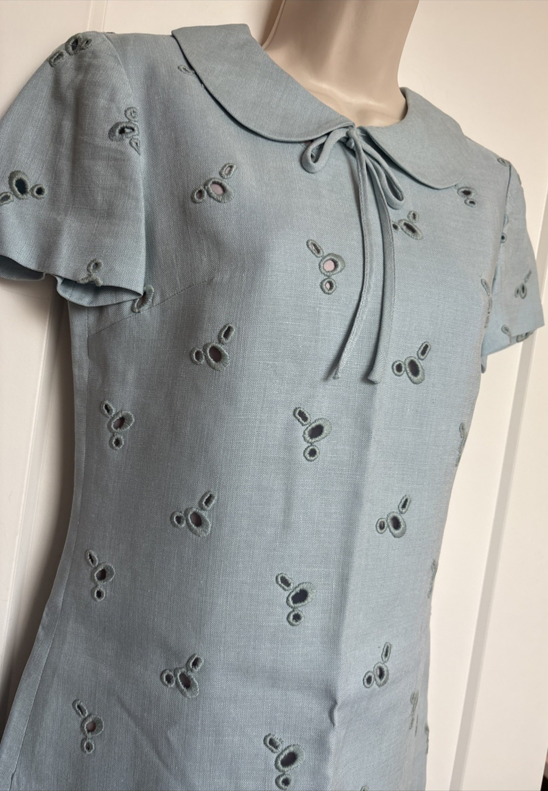 Adele Martin Vintage Lined Baby Blue Eyelet Peter Pan Collar Short Sleeve