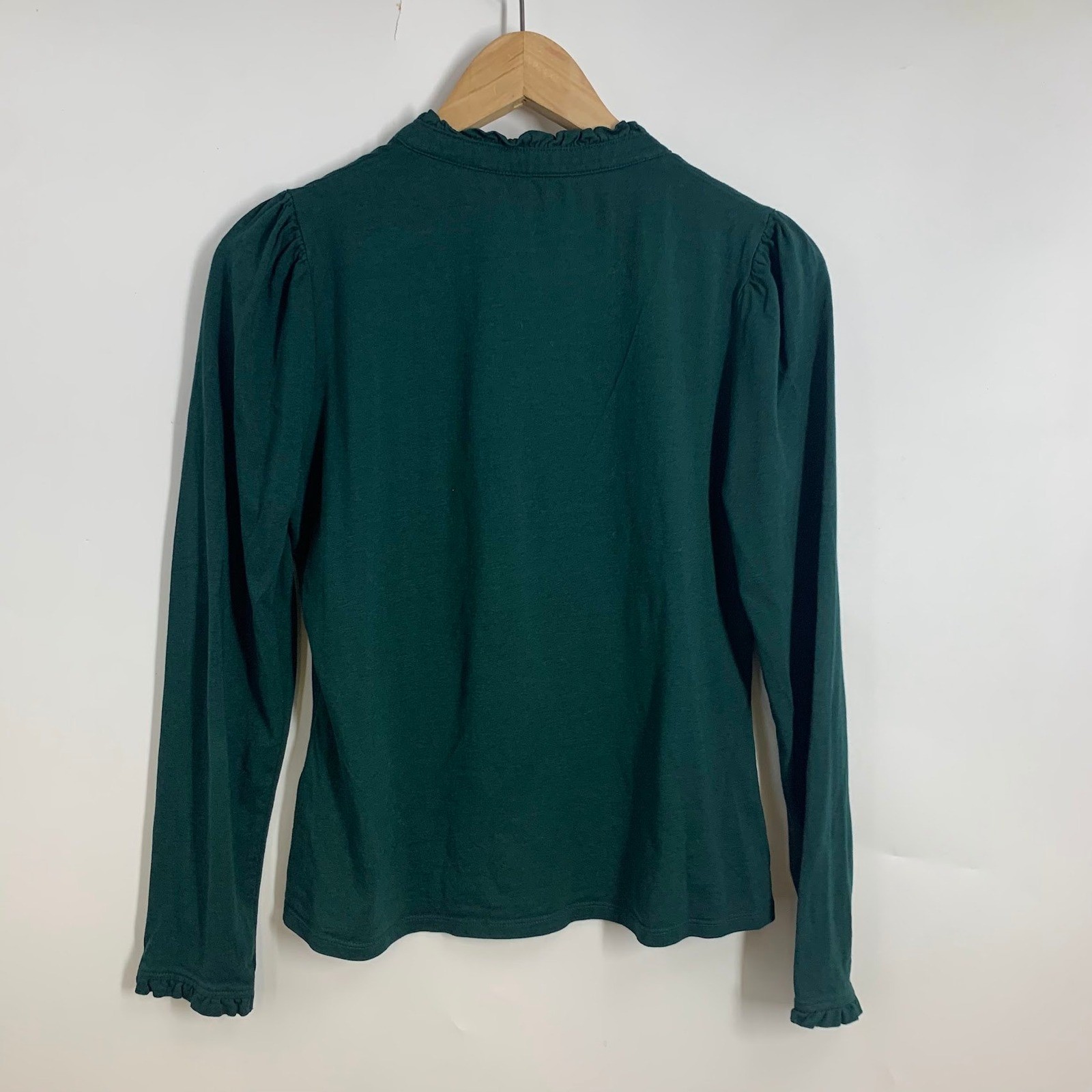 Boden Womens Forest Green Ruffled Henley Top Long Sleeve Puff Shoulder Size US 8