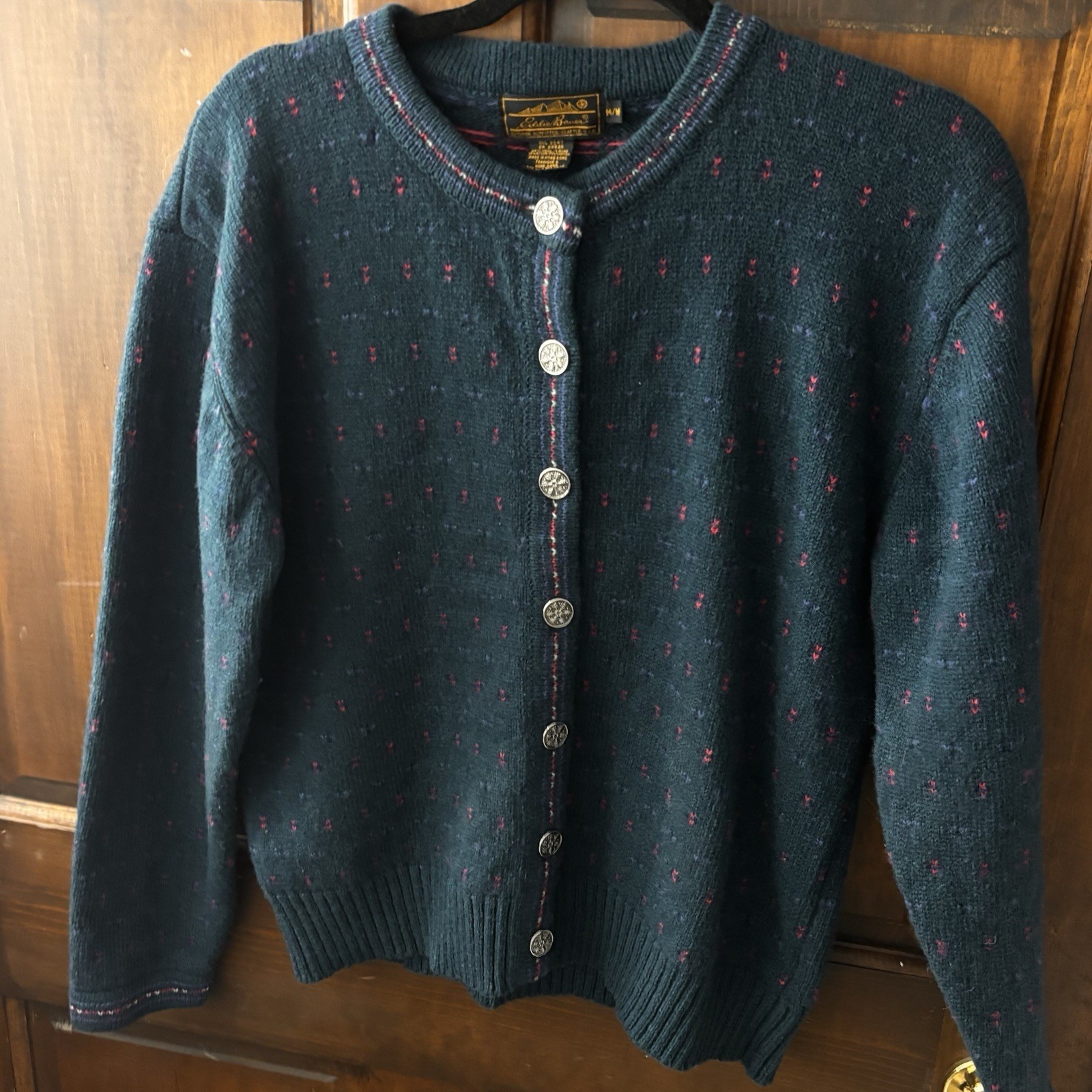 Wool Blend Cardigan Sweater M Dark Green Teal birdseye Vtg Eddie Bauer Snowflake