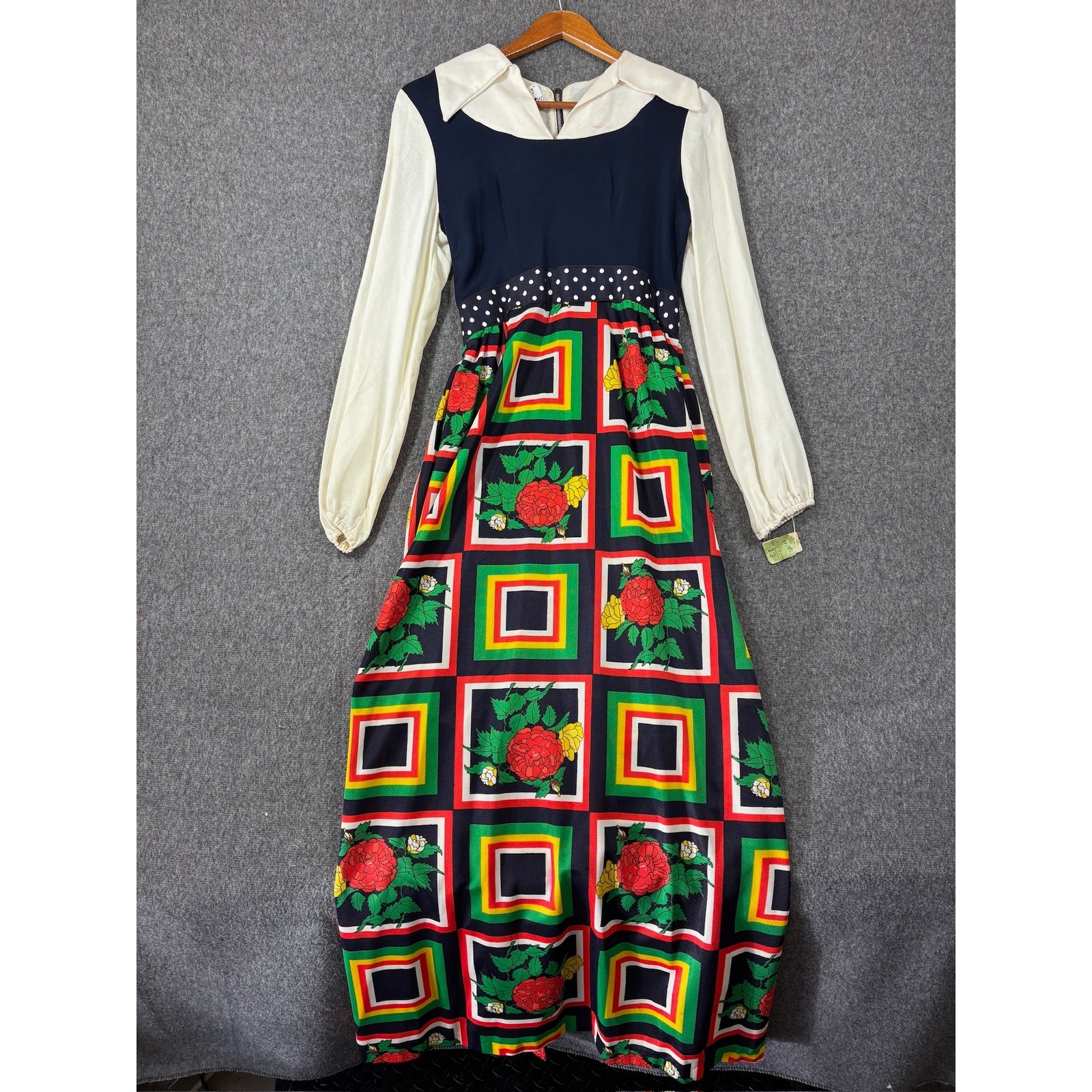 NWT Vintage 70s Floral Geometric Maxi Dress Navy Polka Dot Long Sleeve 13