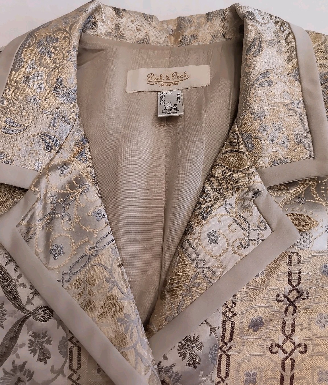 Peck & Peck Blazer Jacket Gold Floral Patchwork Jacquard Brocade Vintage Size 12