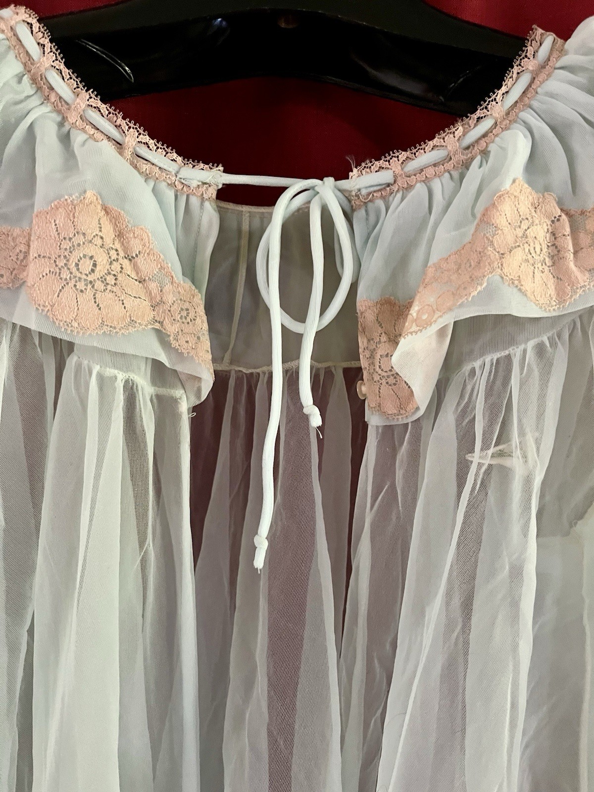 Lisette Medium Light Blue Sheer Chiffon Peignoir Baby Doll Robe Beige Lace Trim
