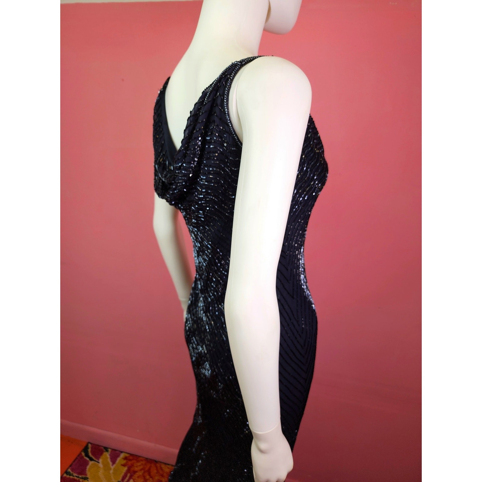 Vintage 1990&rsquo;s Silk Midnight Blue Beaded Cowl Neck Prom Dress Evening Gown