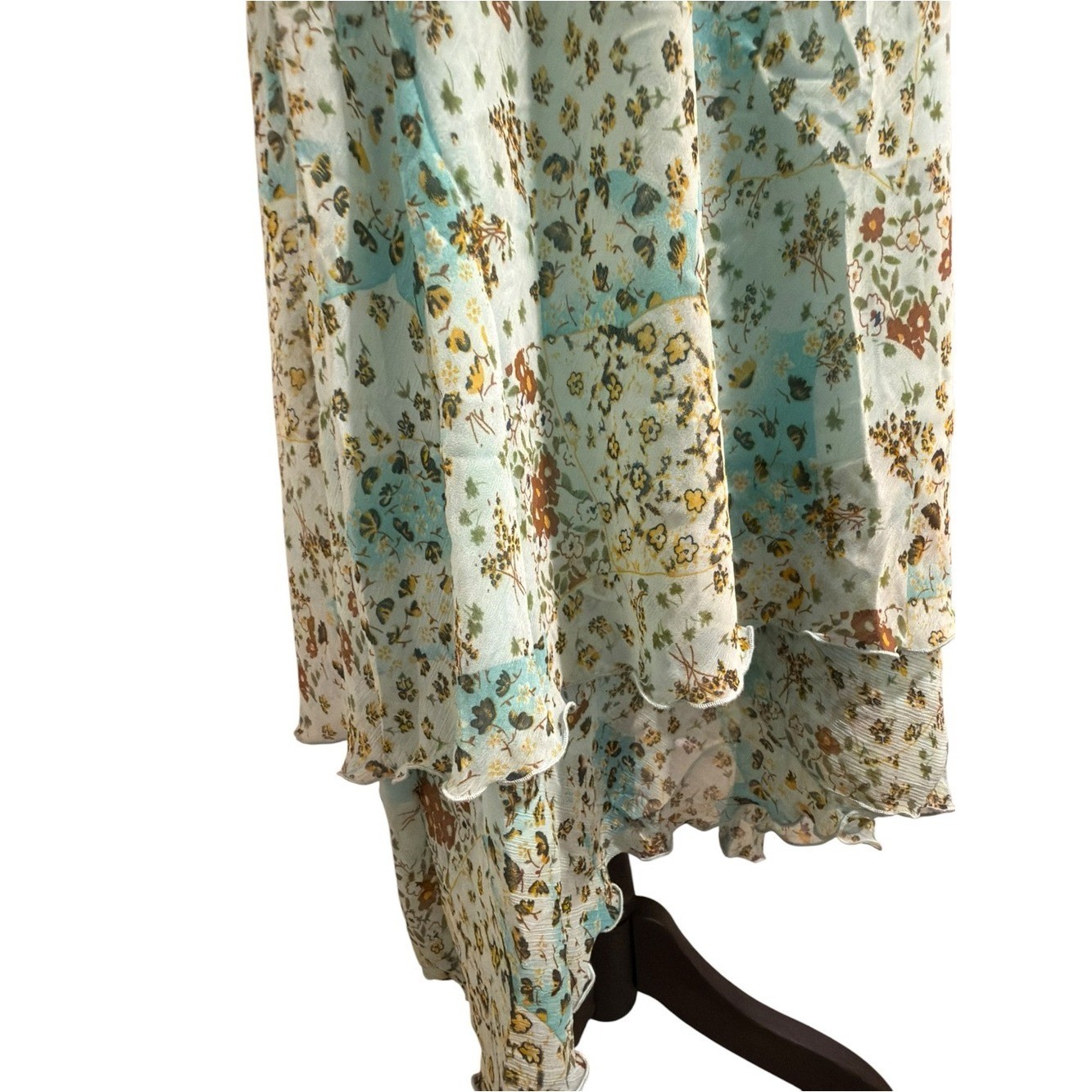 Vtg boho fairy Floral blue green pleated waist Midi Double Ruffle dress