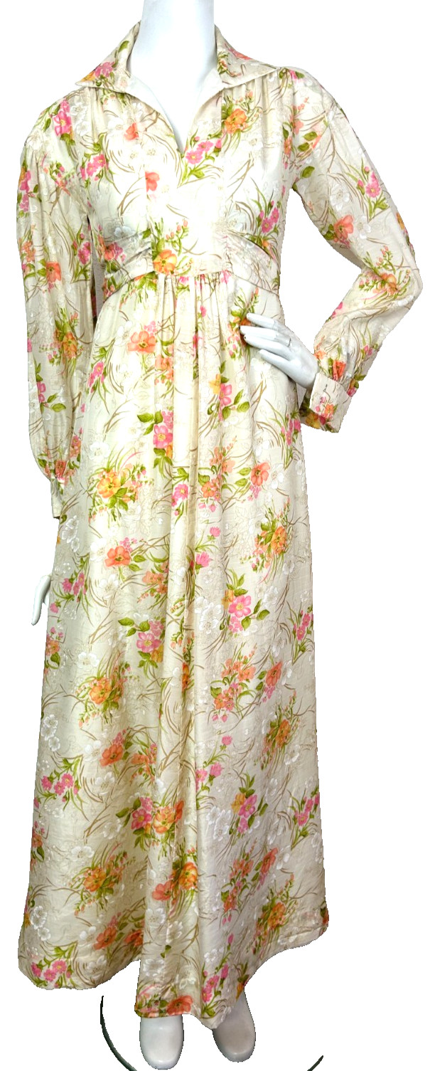 70s Floral Satin Hostess Dress Size Medium Maxi Collared V-Neck Long Sleeve EUC