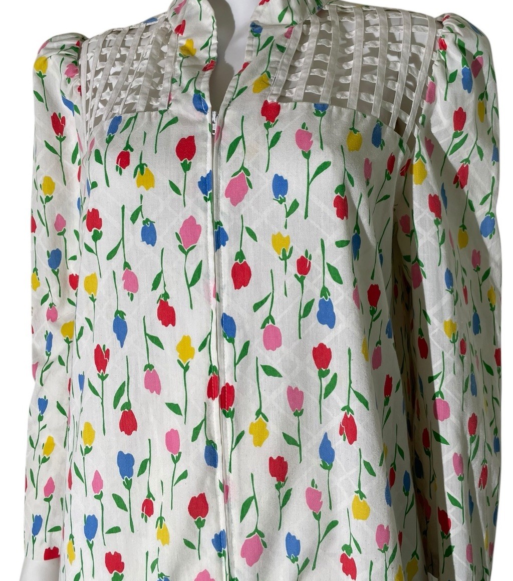 VTG 70s David Brown Saks Fifth Avenue White Floral 1/4 Zip House lounge Dress