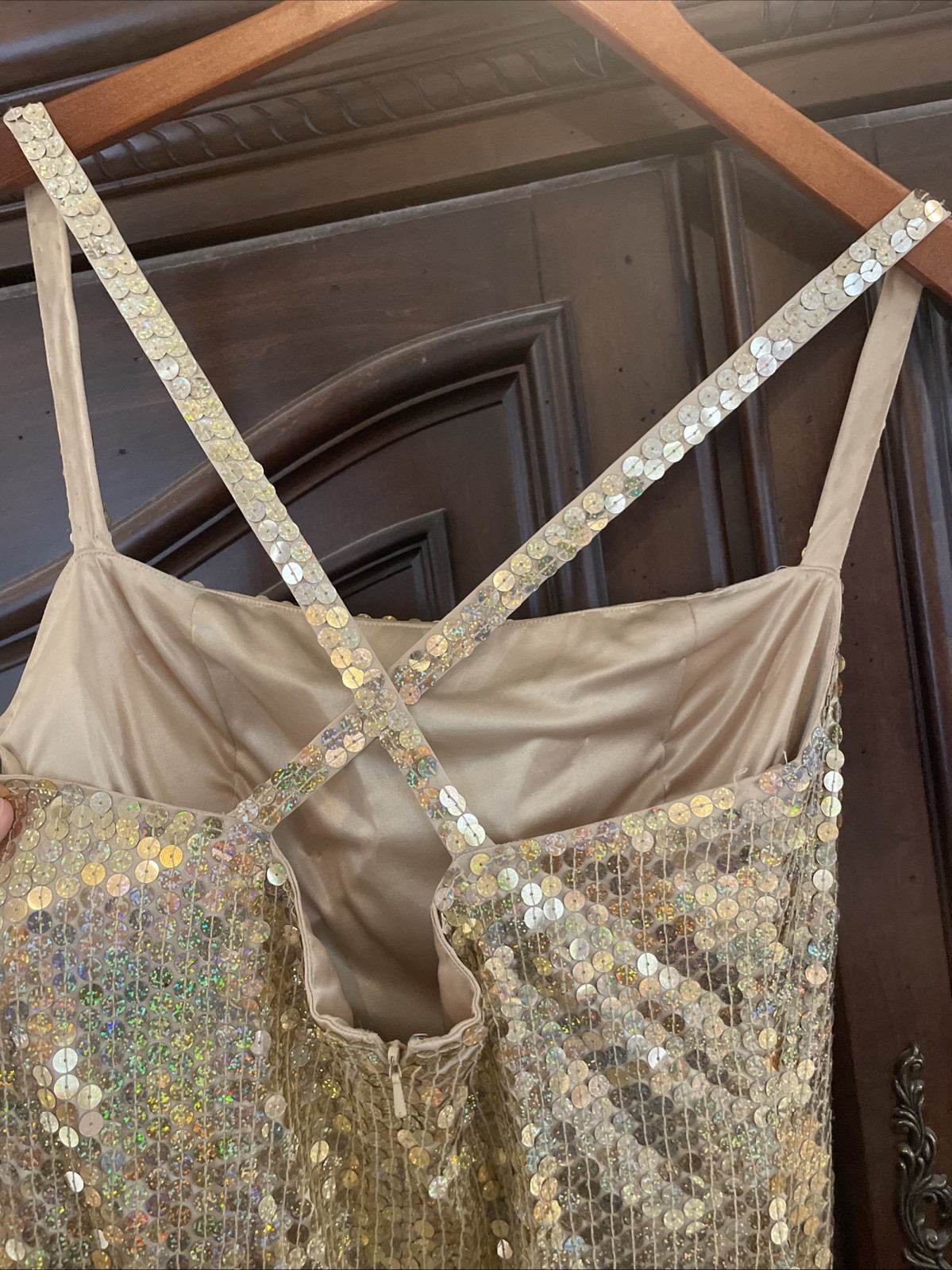 Vintage Adriana Gold sequins spaghetti Strap long, Stretch cocktail dress Sz 10
