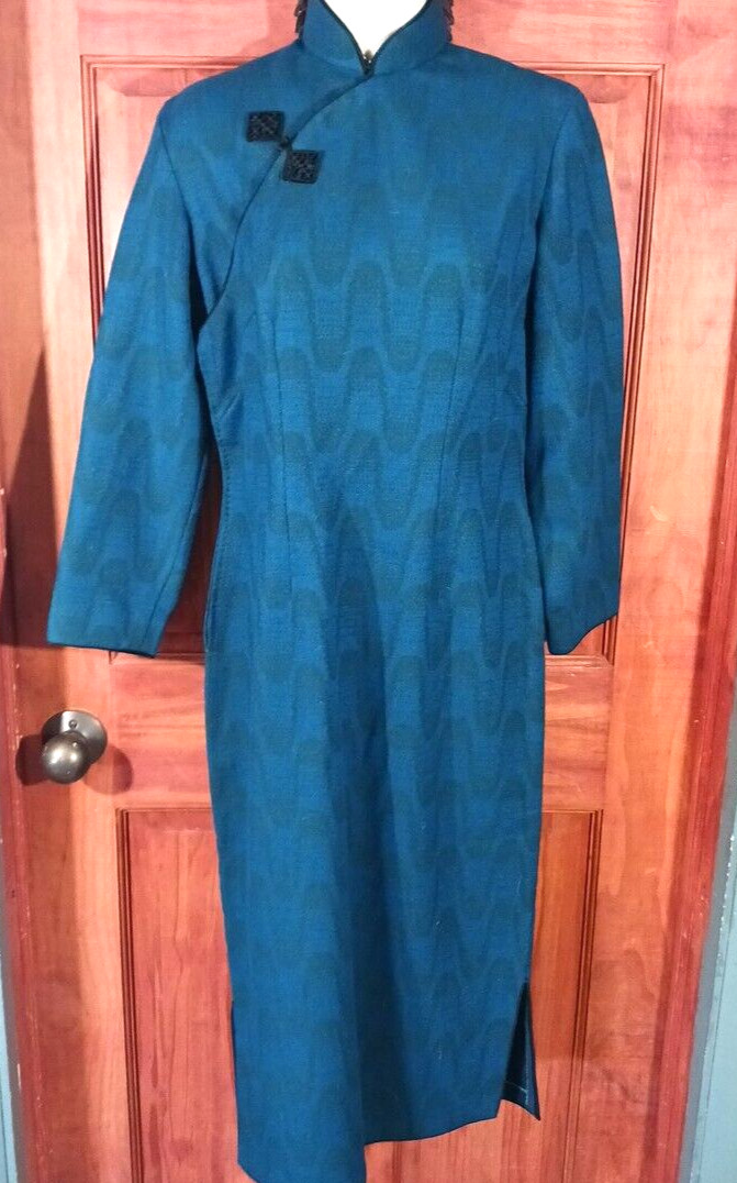 Asian Cheongsam 100% Wool Winter Dress Womens Size S Mandarin Blue Wavy pattern