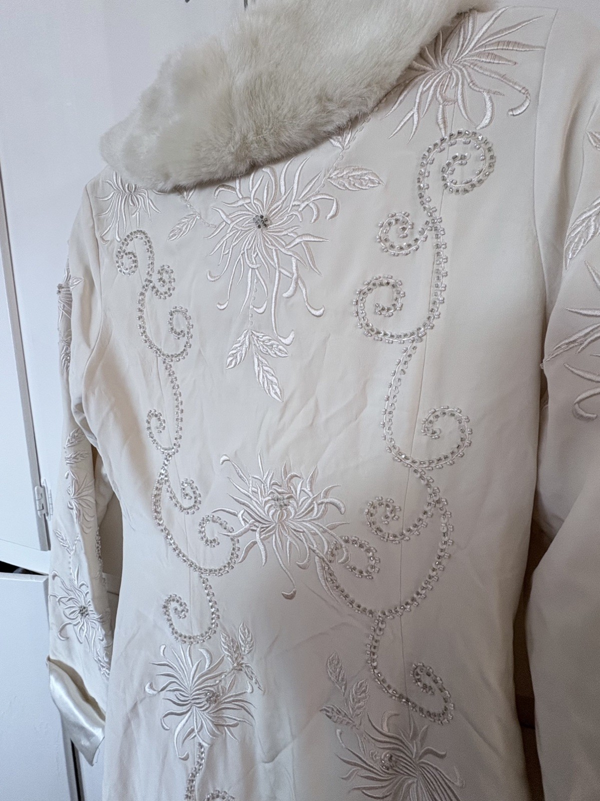 Sue Wong Rare Vintage Silk, Beaded, Embroidered Evening Coat W/ Faux Fur Collar