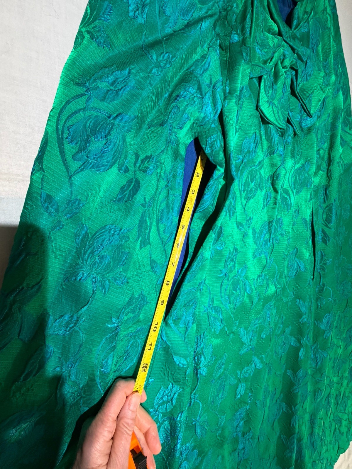 Vintage Custom Tailored Teal Green Blue Jacquard Floral Long Opera Cape-One Size