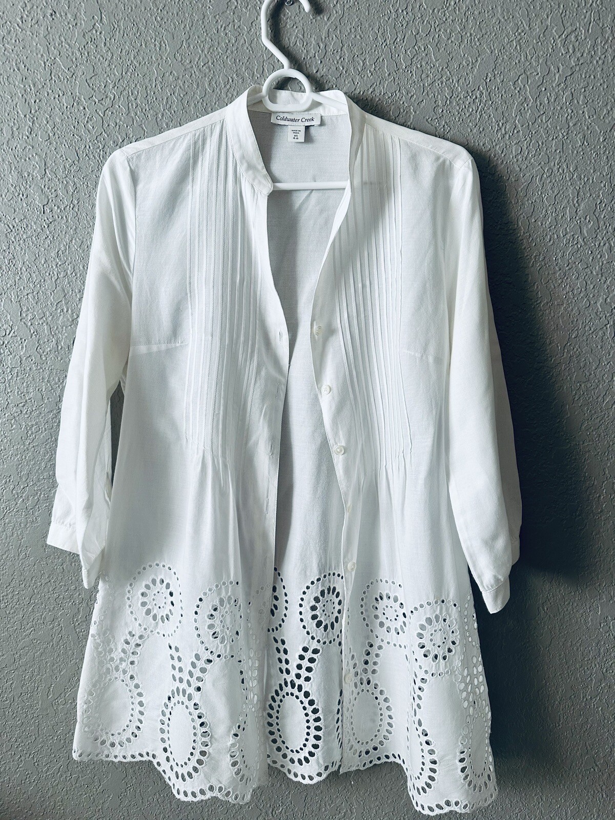 Coldwater Creek White Blouse Embroidered Eyelet, Pintucks Size XS/S 4-6