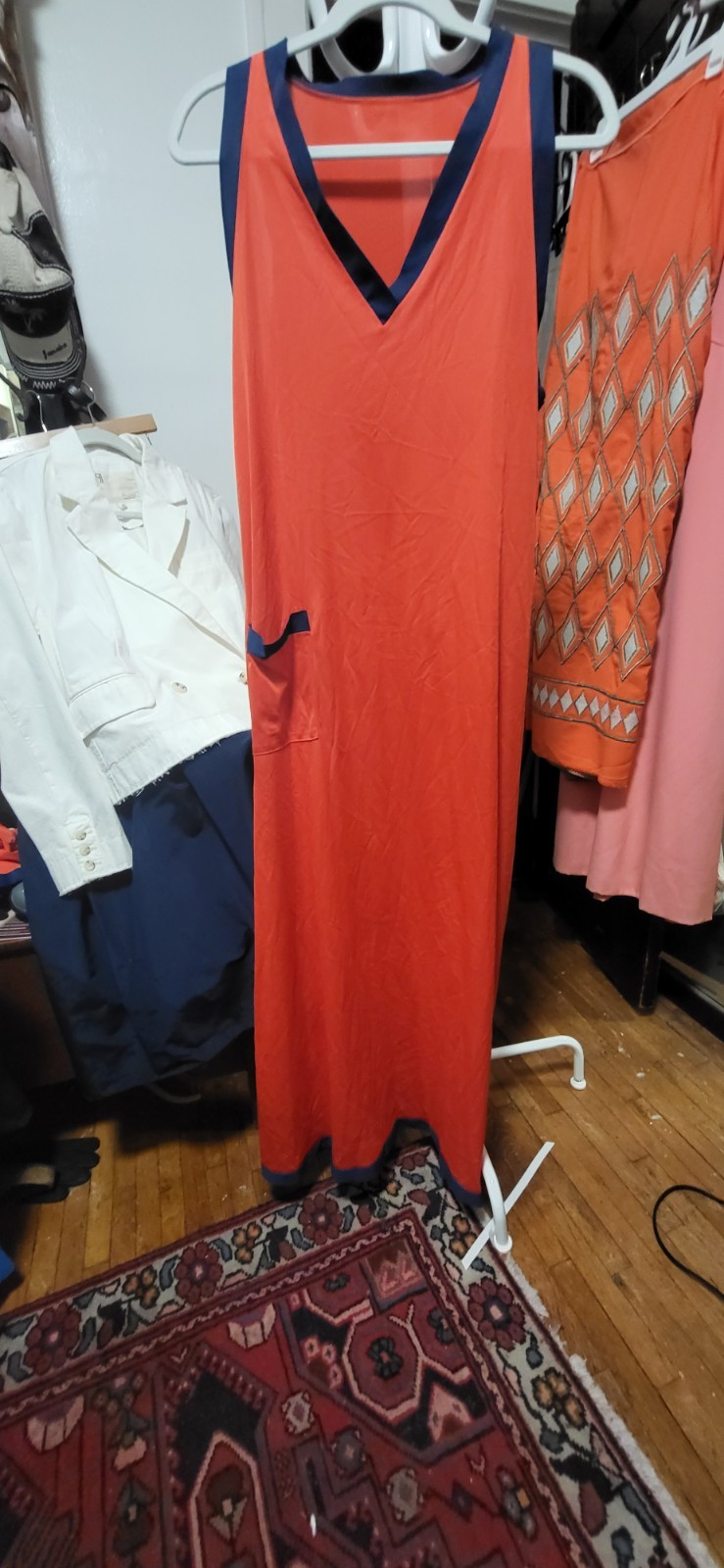 Vintage Gossard Artemis 100% Antron Nylon Red & Navy Blue Trim Robe & Gown Set L