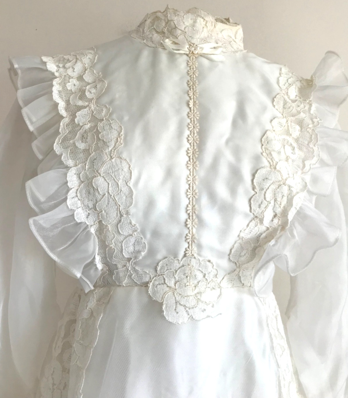 Vintage 70’s Prairie Wedding Down, Long Sleeve, Cream, Full Skirt High Neck