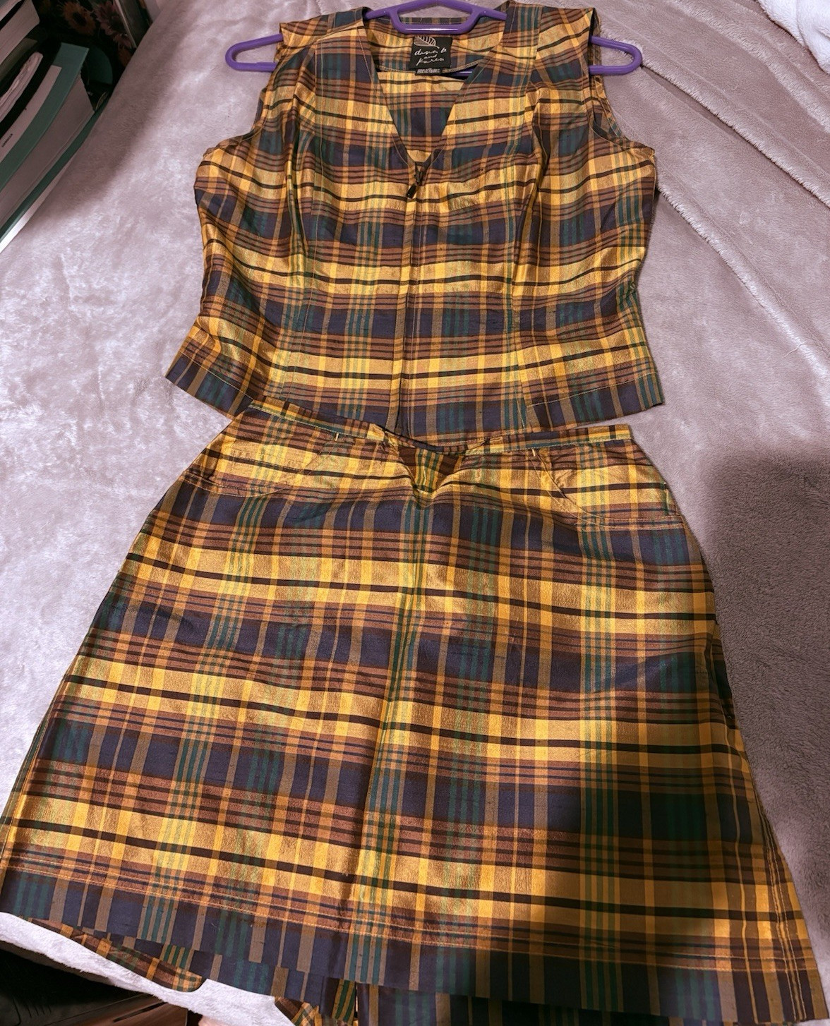 Dana b. and Karen 100% Silk Plaid Top & Skirt Set Size 4 Yellow Brown Green Blue