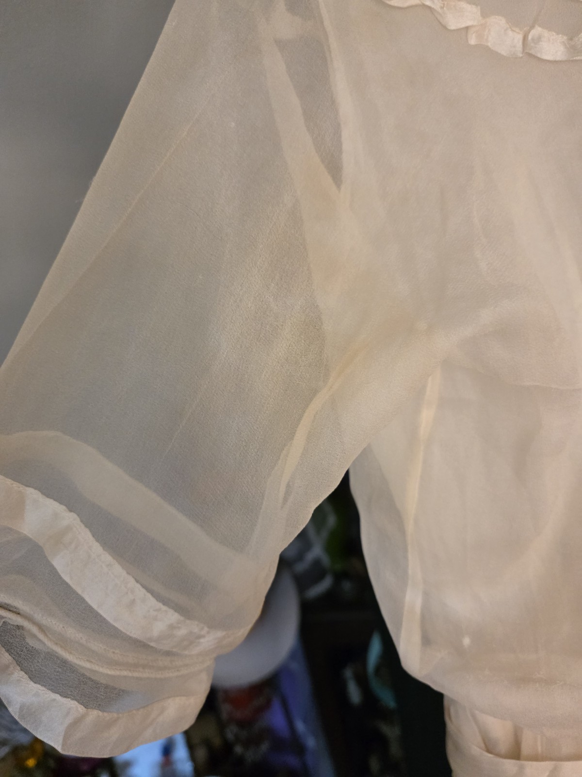 1910s Ivory Silk Chiffon Dress | Edwardian Tea Dress | Sheer Ribbon Trim Antique
