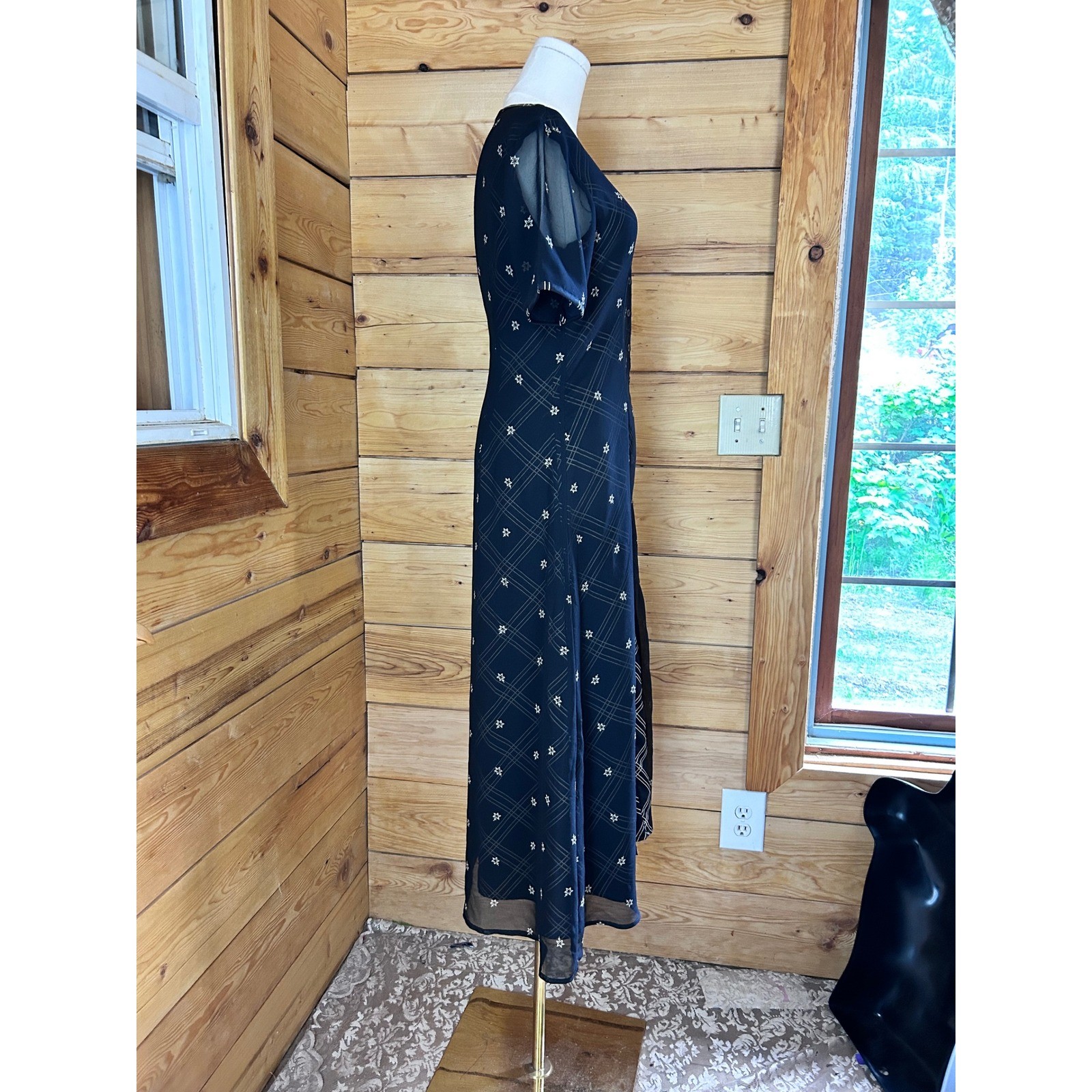 Vintage Maxi Dress Womens Medium Black Plaid Mesh Duster East West Clothing Co