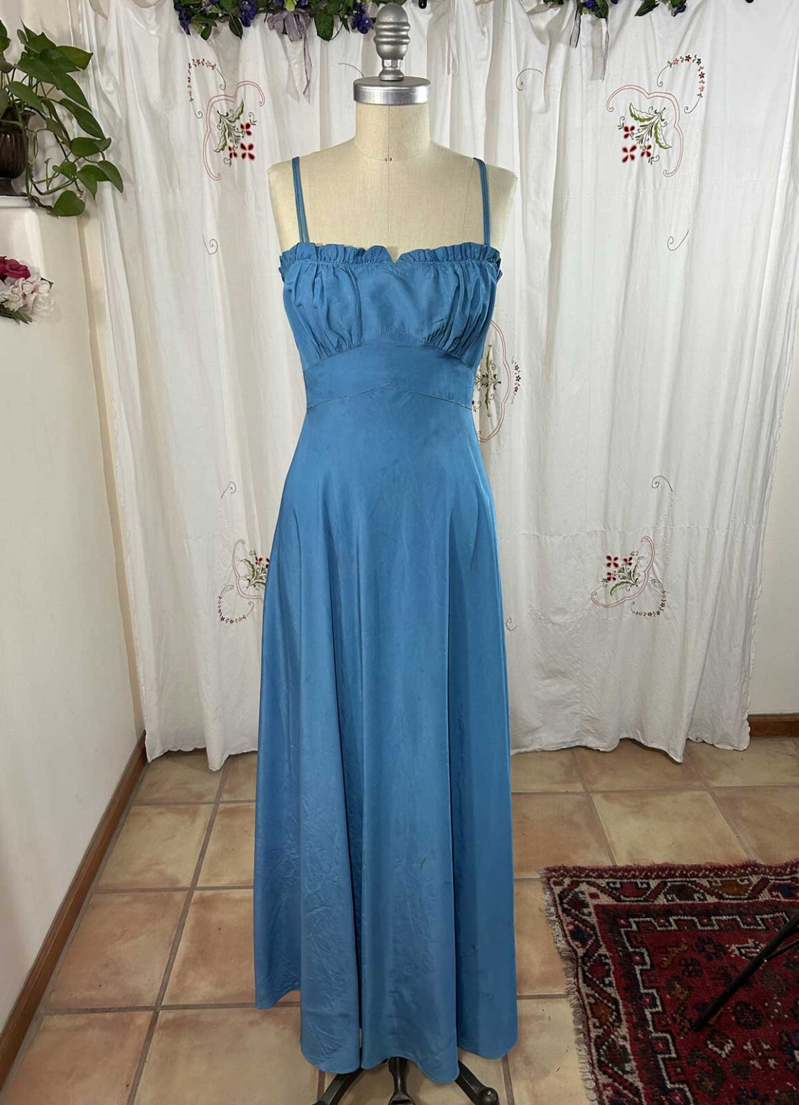 Vtg 40s Blue Taffeta Lingerie Bodice Long Evening Gown Spaghetti Strap Ruching 4