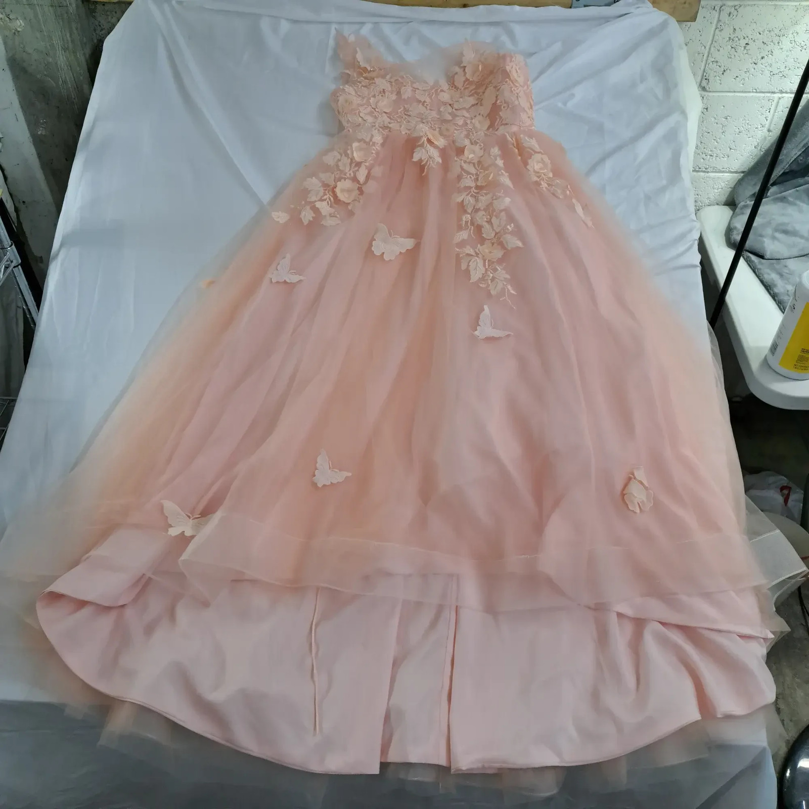 Strapless Pink Tulle Prom Dress Size 11 Floral Applique 3D Butterflies