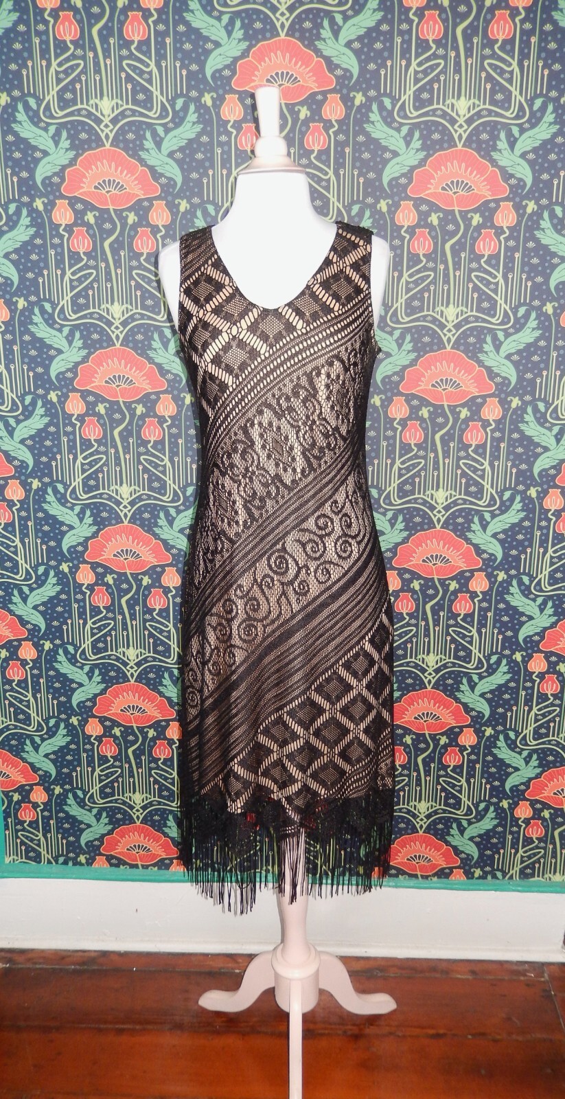 Vintage 90&rsquo;s Y2K Black Nude Whimsigoth Crochet Fringe Boho Flapper Party Dress 8