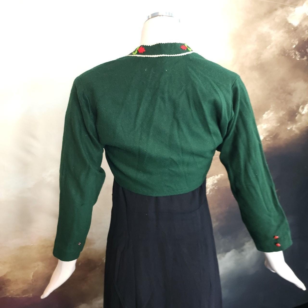 1940s Folk Art Green & Red Micro Cropped Jacket Felt Tyrolean Style Vintage