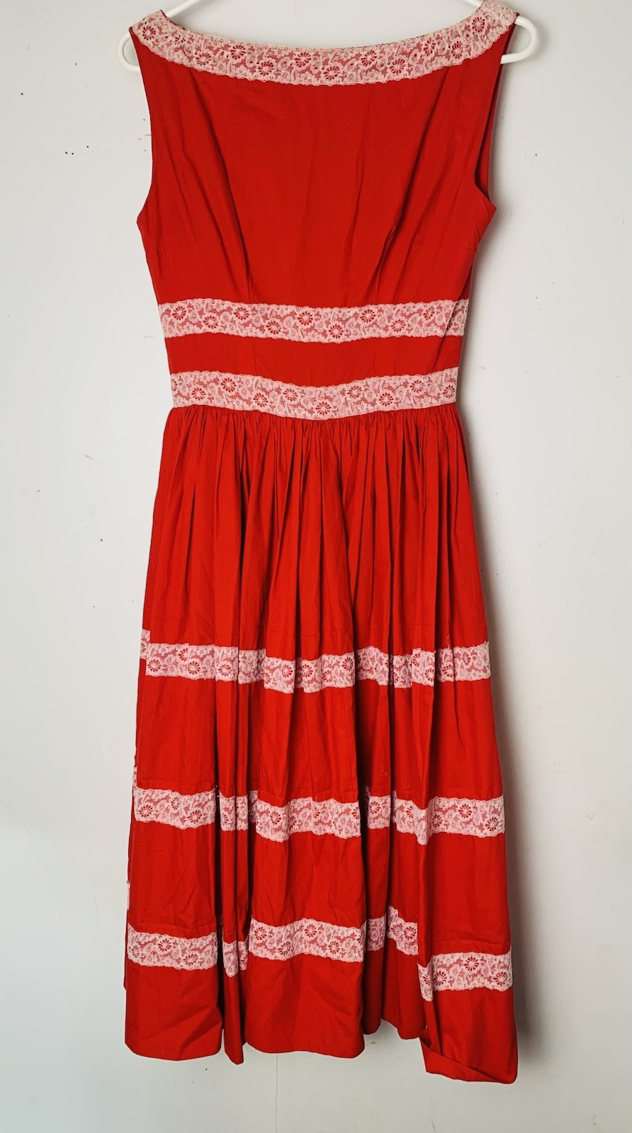 Vintage Handmade Petite Zip Up Pleated Red Lace Dress