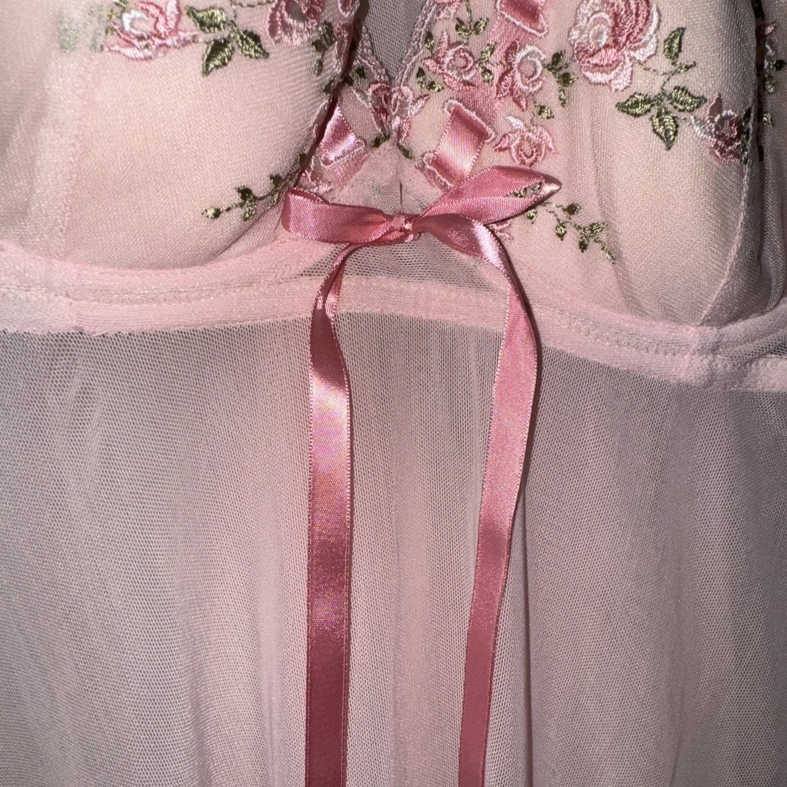 Enchanted Nightie Lingerie 2Pc Sheer Embroidered Flowers Pink Sexy Women’s S