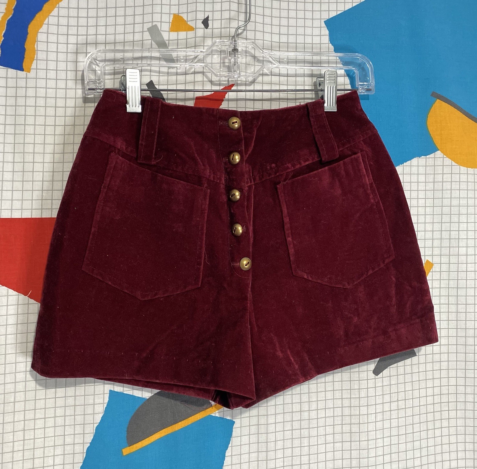 Vintage 60s 70s Velvet Shorts High Waist 25 Gold Buttons Disco Rockabilly Pin Up