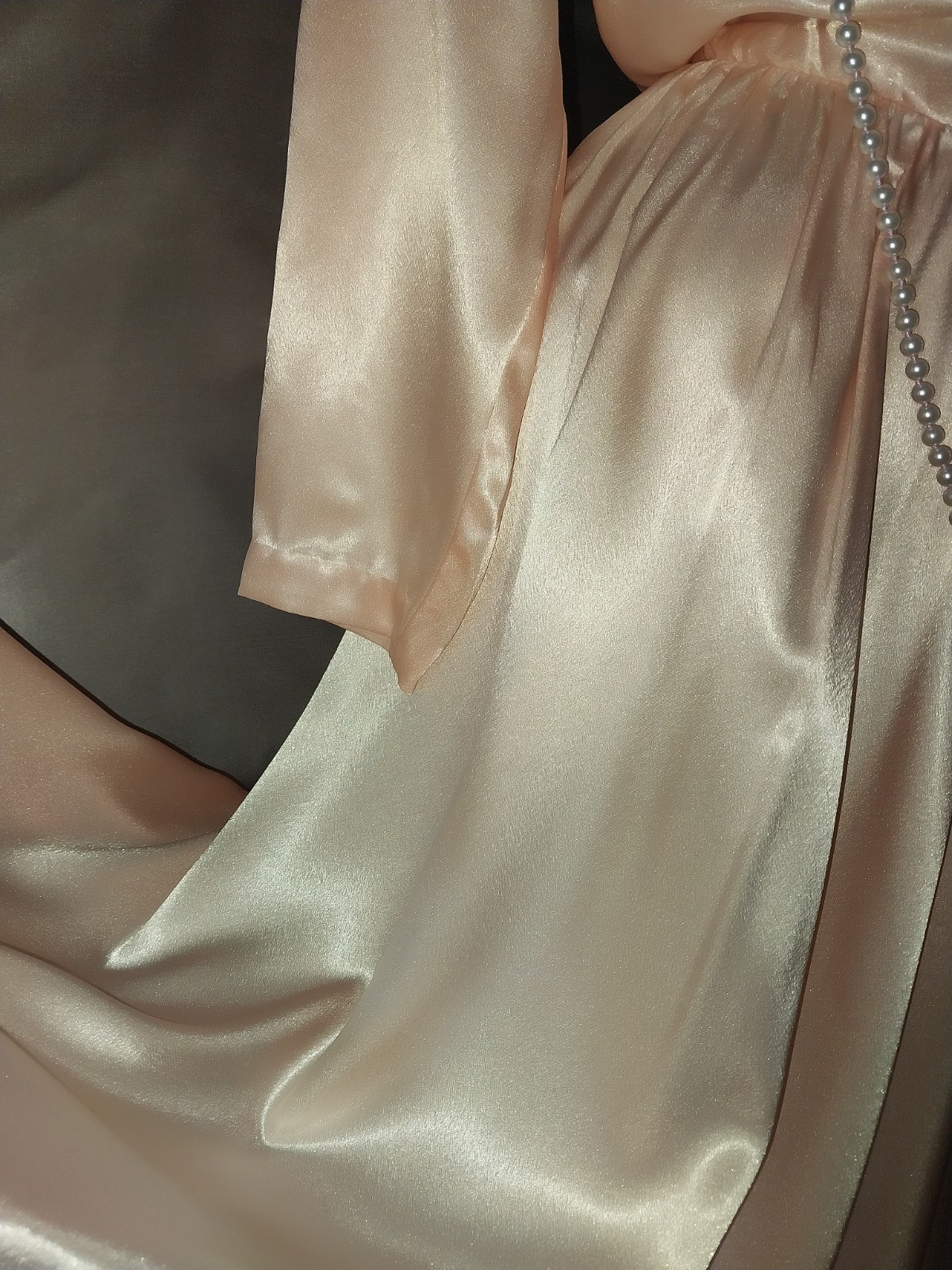 Vtg SATIN IMPORTED PEACH PINK COWL CASCADE 350&Prime; GRAND SWEEP FLARE MAXI DRESS L42