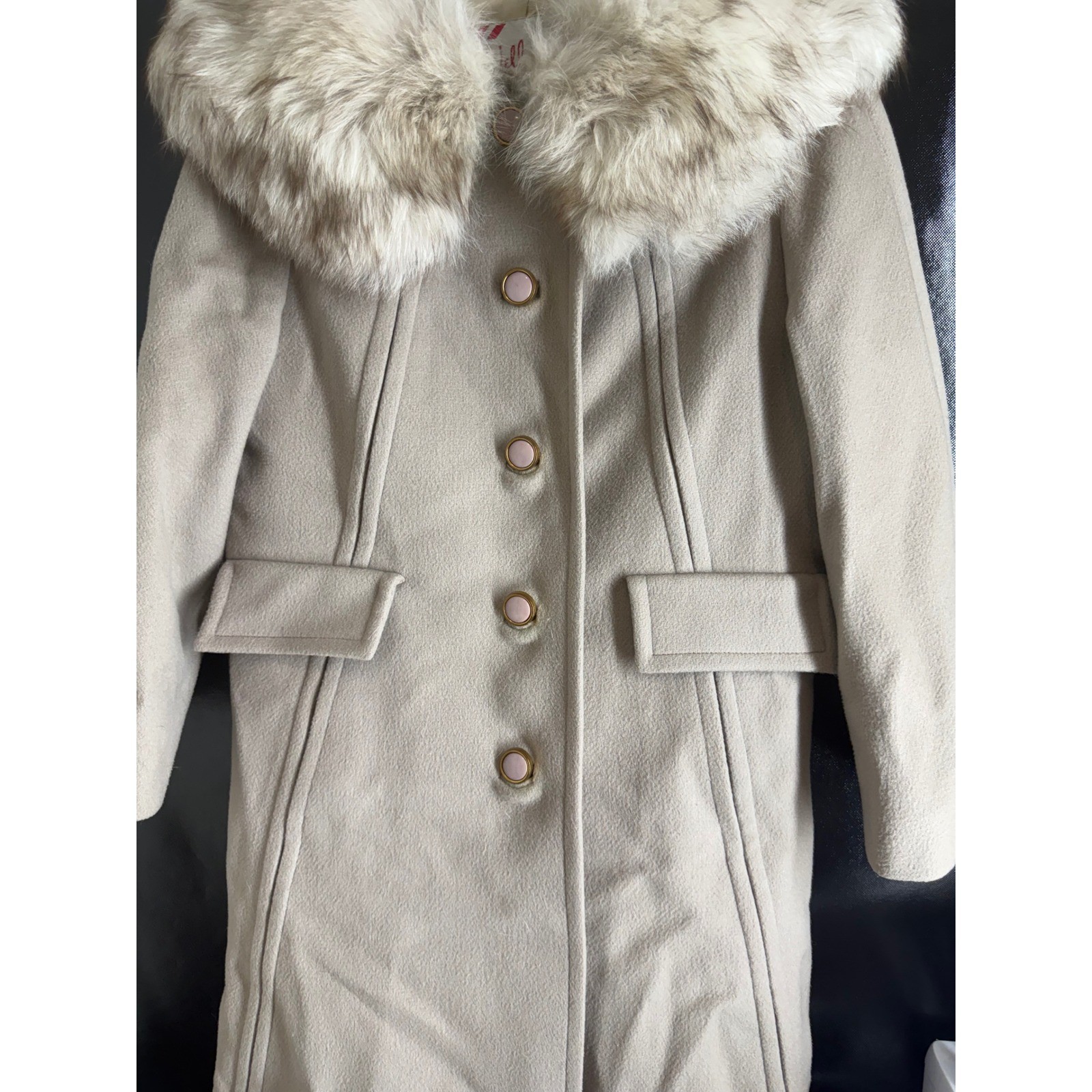 Vintage Wellesley Stevens Forstmann Wool Coat Faux Fur Collar Beige Long Jacket