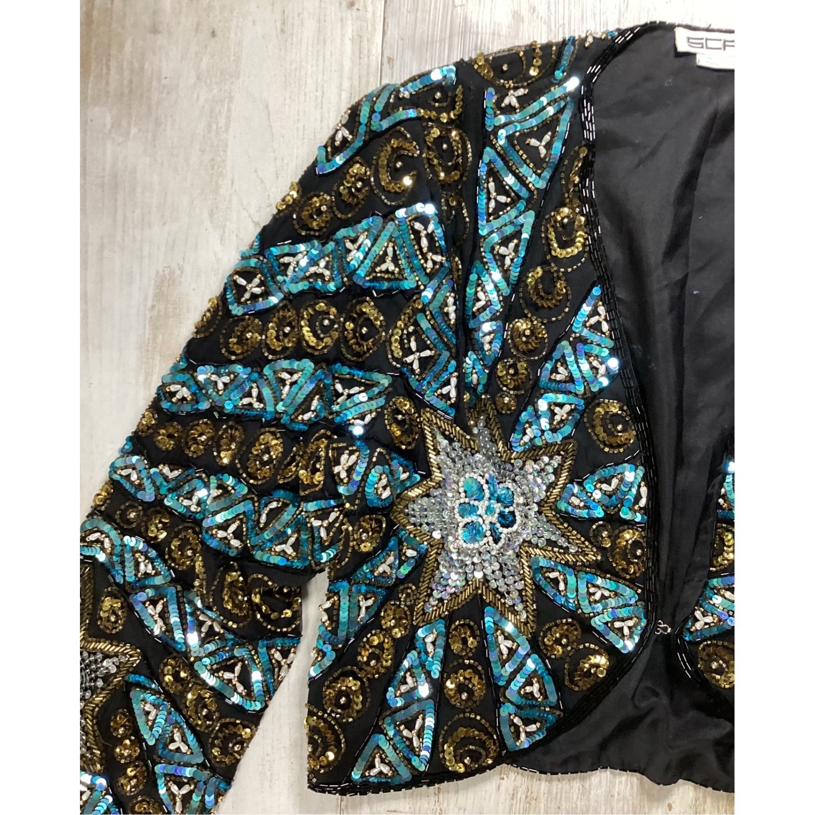 Scala Vintage Beaded Silk Bolero Jacket Gold Turquoise Sequin Starburst Medium