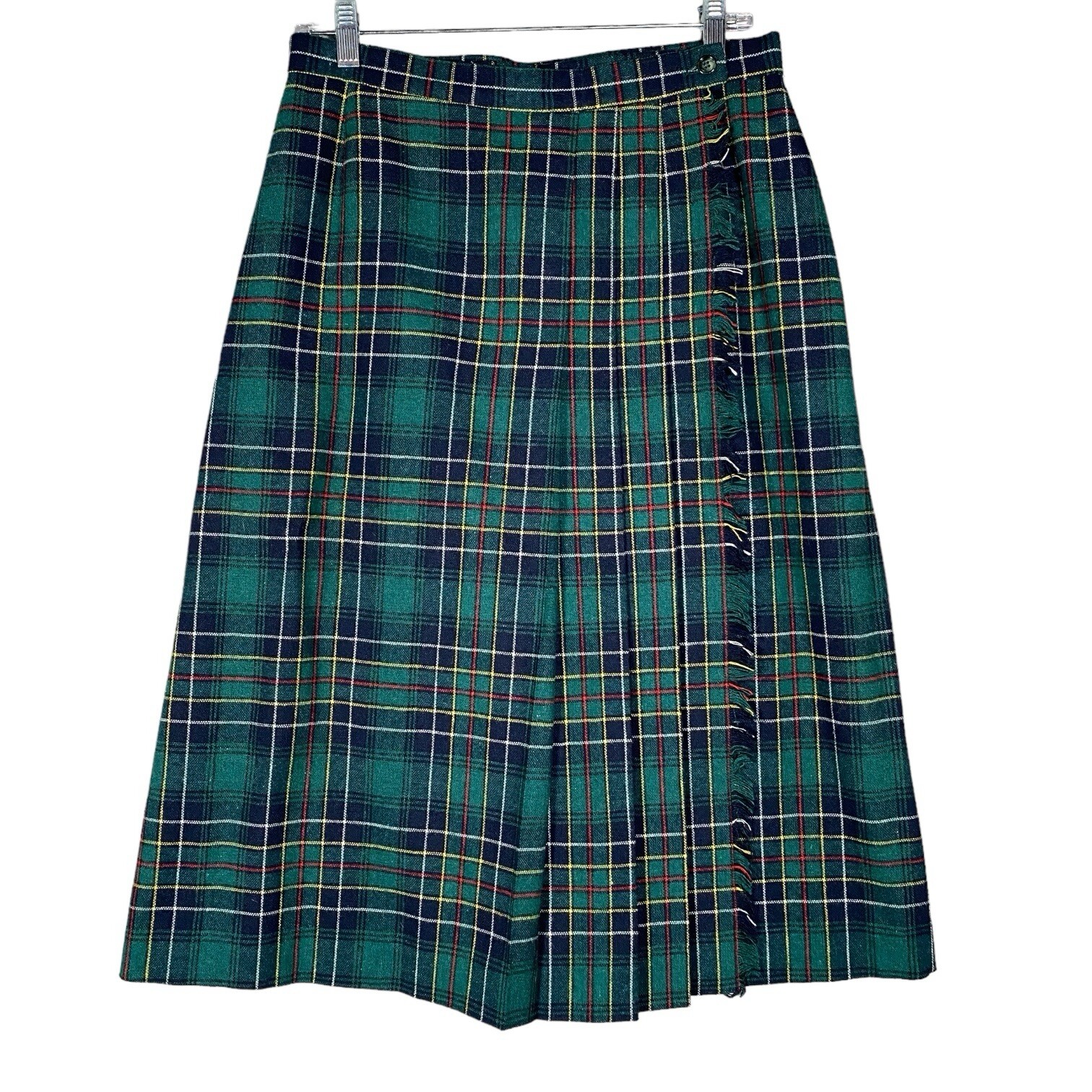 Vintage Koret Scottish Tartan Skirt Womens 14 Wrap Fringe Green Red Yellow Plaid