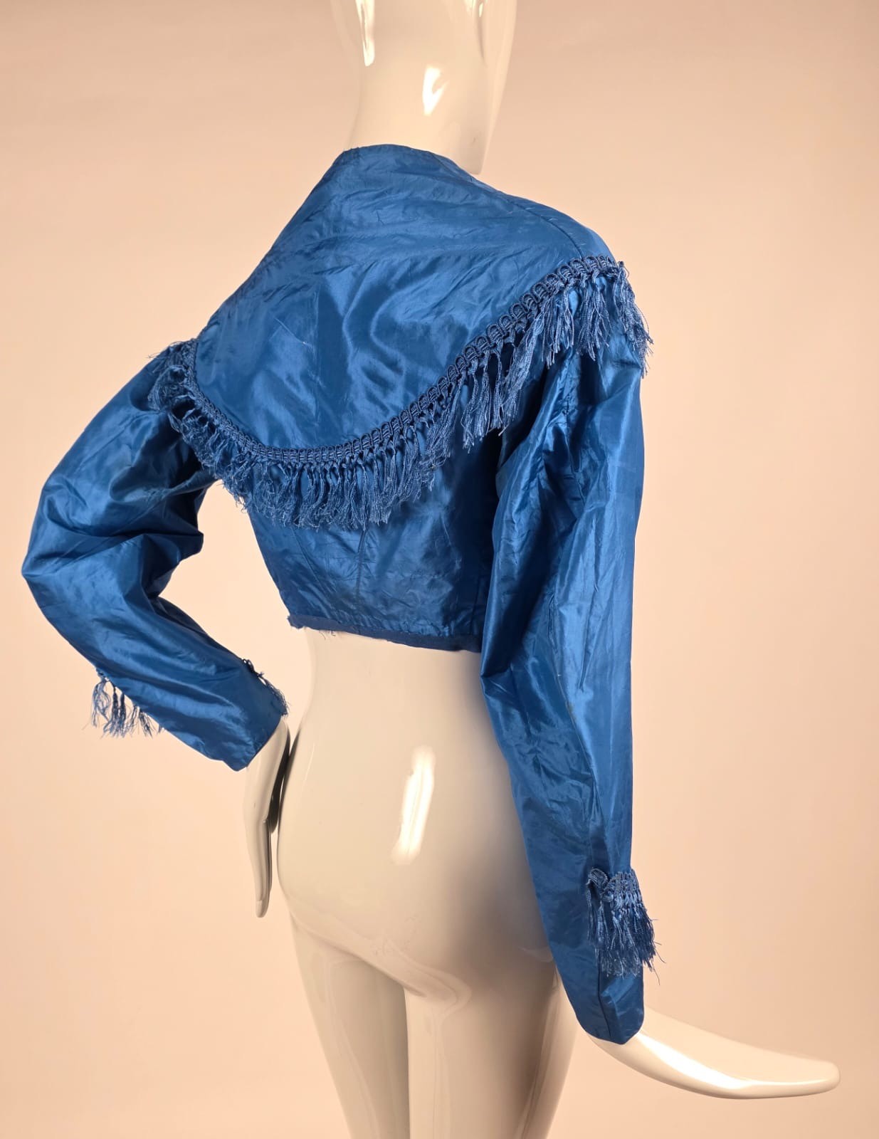 CIVIL WAR 1860’S BRIGHT BLUE SILK BODICE W SILK FRINGE TRIM