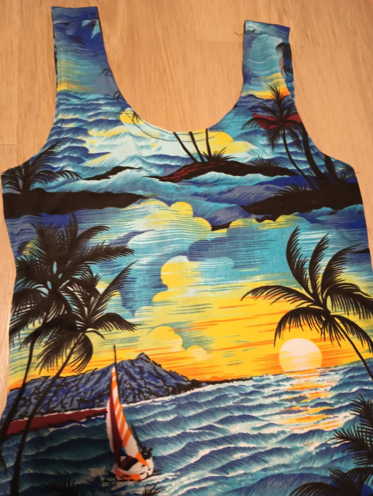 Vtg Tropical Hawaiian Print Stretchy Tank Mini Sun Dress resort swim cover up XS