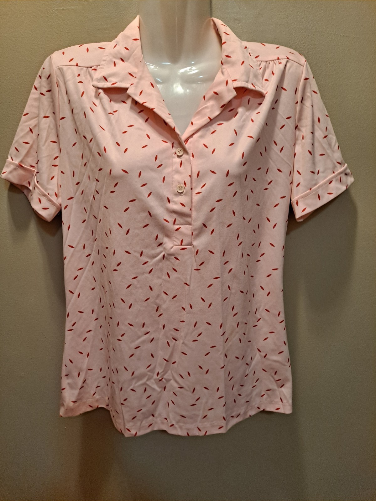 Vintage 70s Nikki 100% Pink Red Abstracts Polyester Button Up Shirt Women’s Top