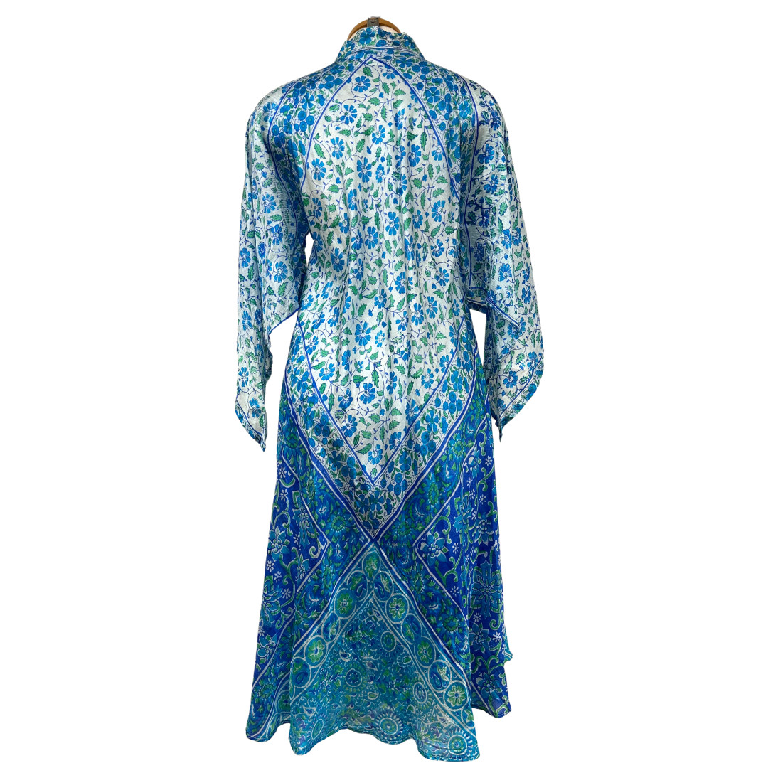 Vintage 1970s Zodiac Silk Cerulean Blue Midi Dress Caftan with Angel Sleeves