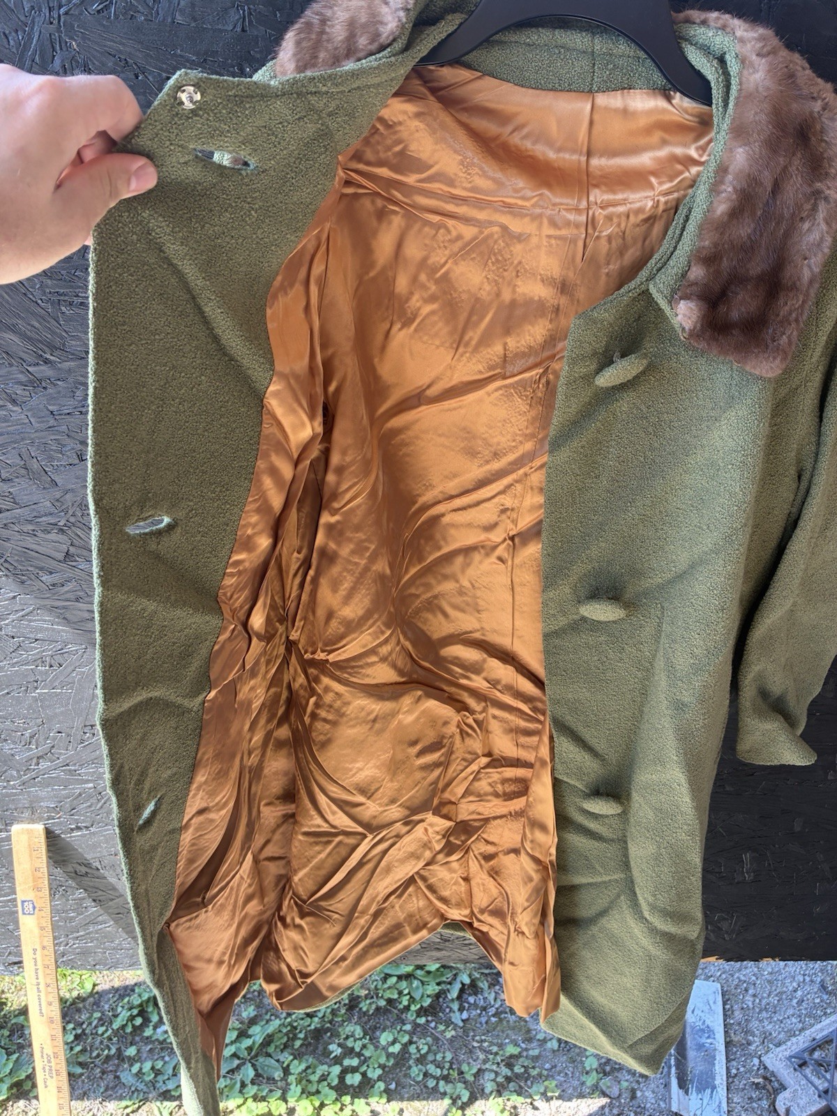 Vintage 50s Tweed Wool Rabbit Fur Collar Swing Green Coat M USA (Union Made Tag)