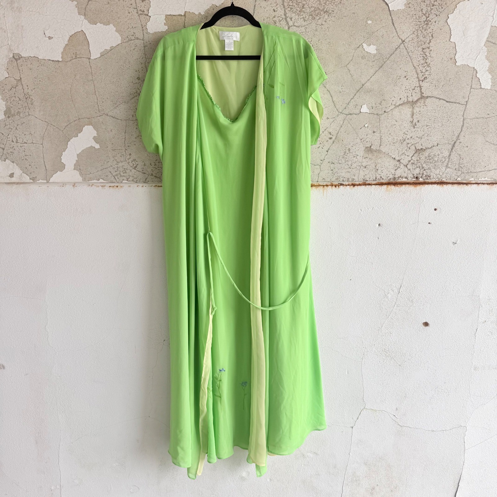 Vtg Duster Robe Slip Dress Peignor Set Embroidered Floral Chiffon Nightgown XL