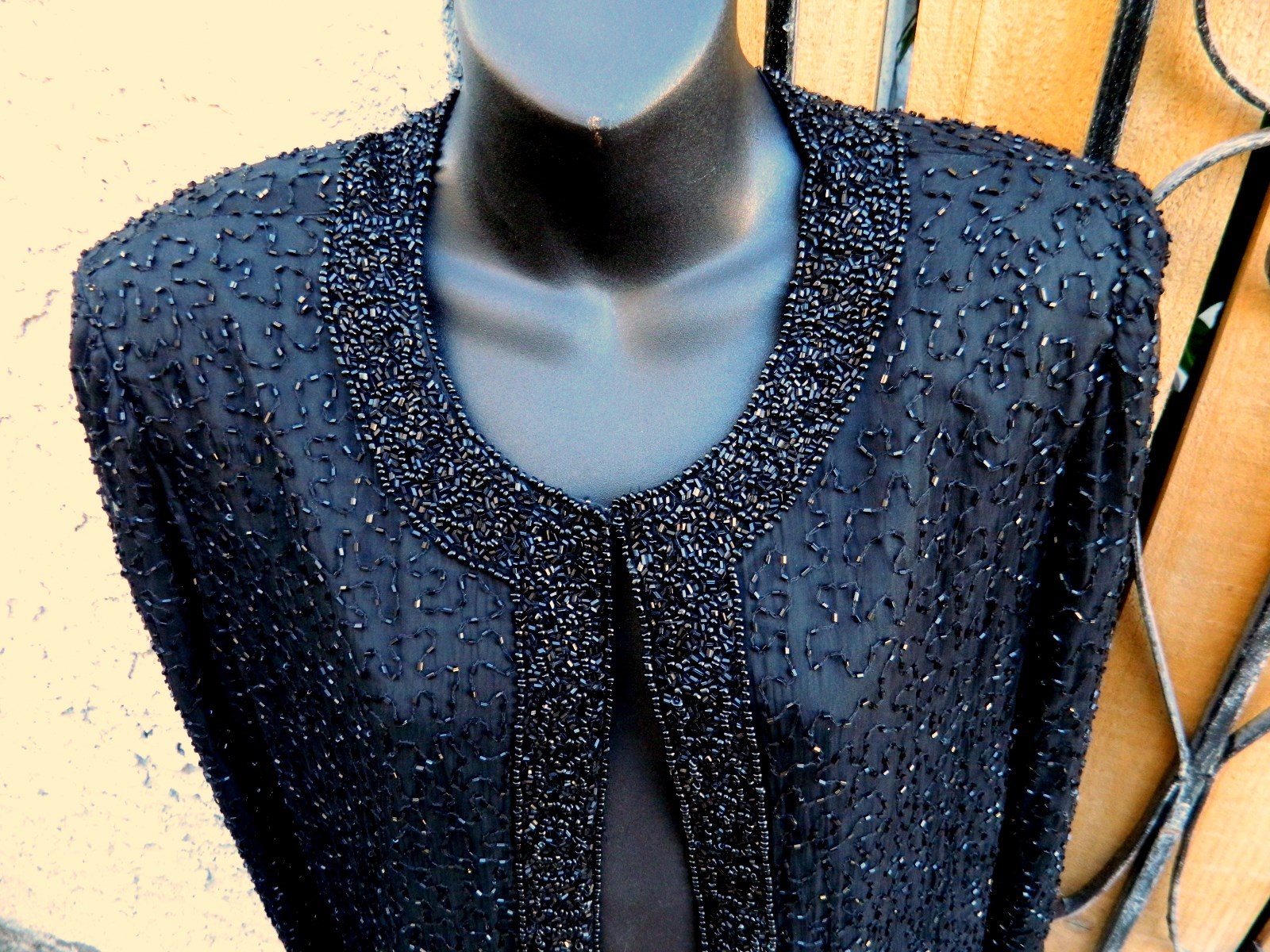 LAURENCE KAZAR BEADED SEQUINED JACKET BLACK SZ L VINTAGE 7 HOOK CLOSURE
