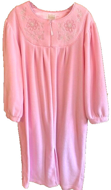 Vtg. Barbizon Women&rsquo;s Sz. XL Cozy Pink Fleece Long Zip Front Satin Trim Robe