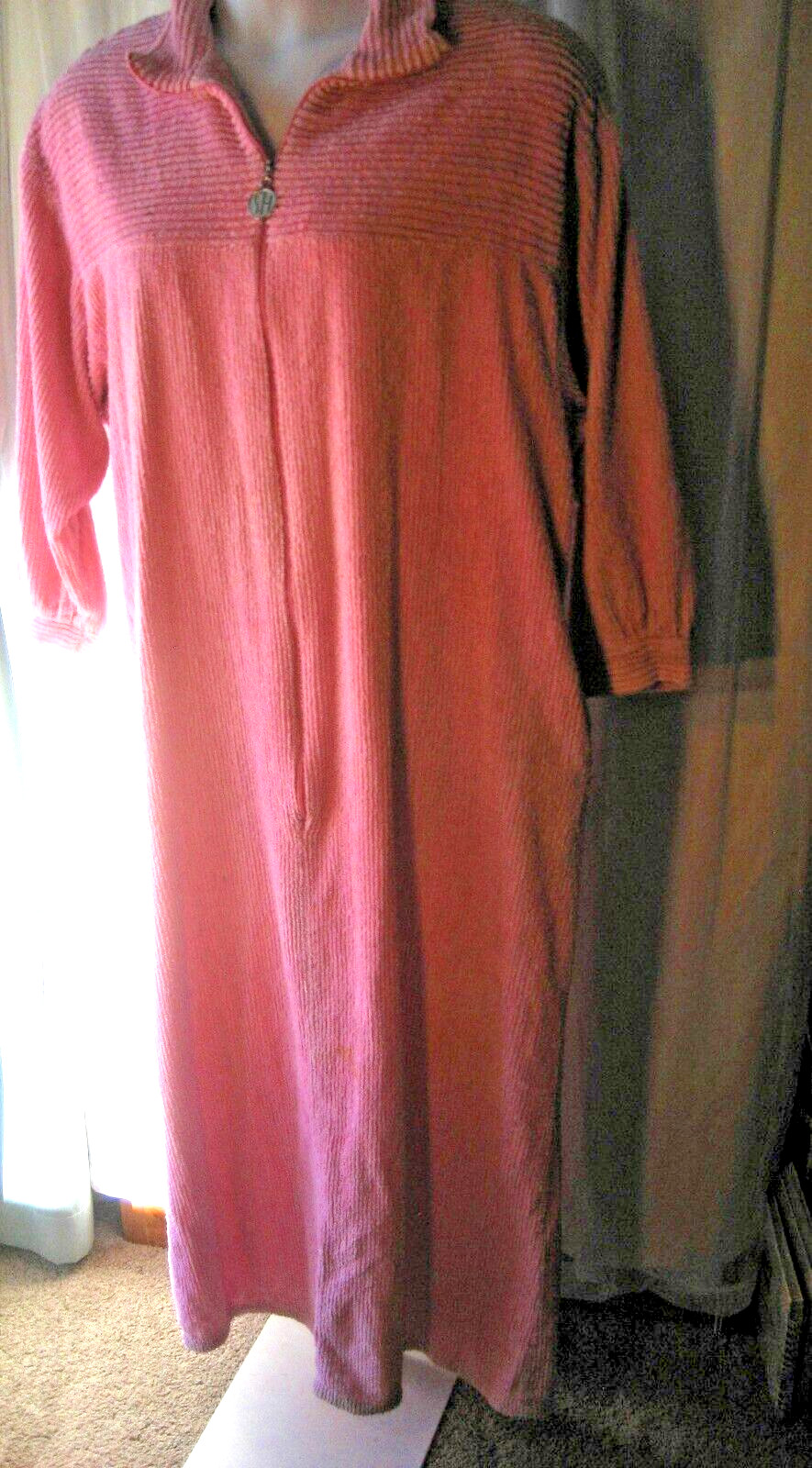 Vintage Stan Herman Chenille Robe L Full Length 3/4 Zip Dark Pink Pockets Collar