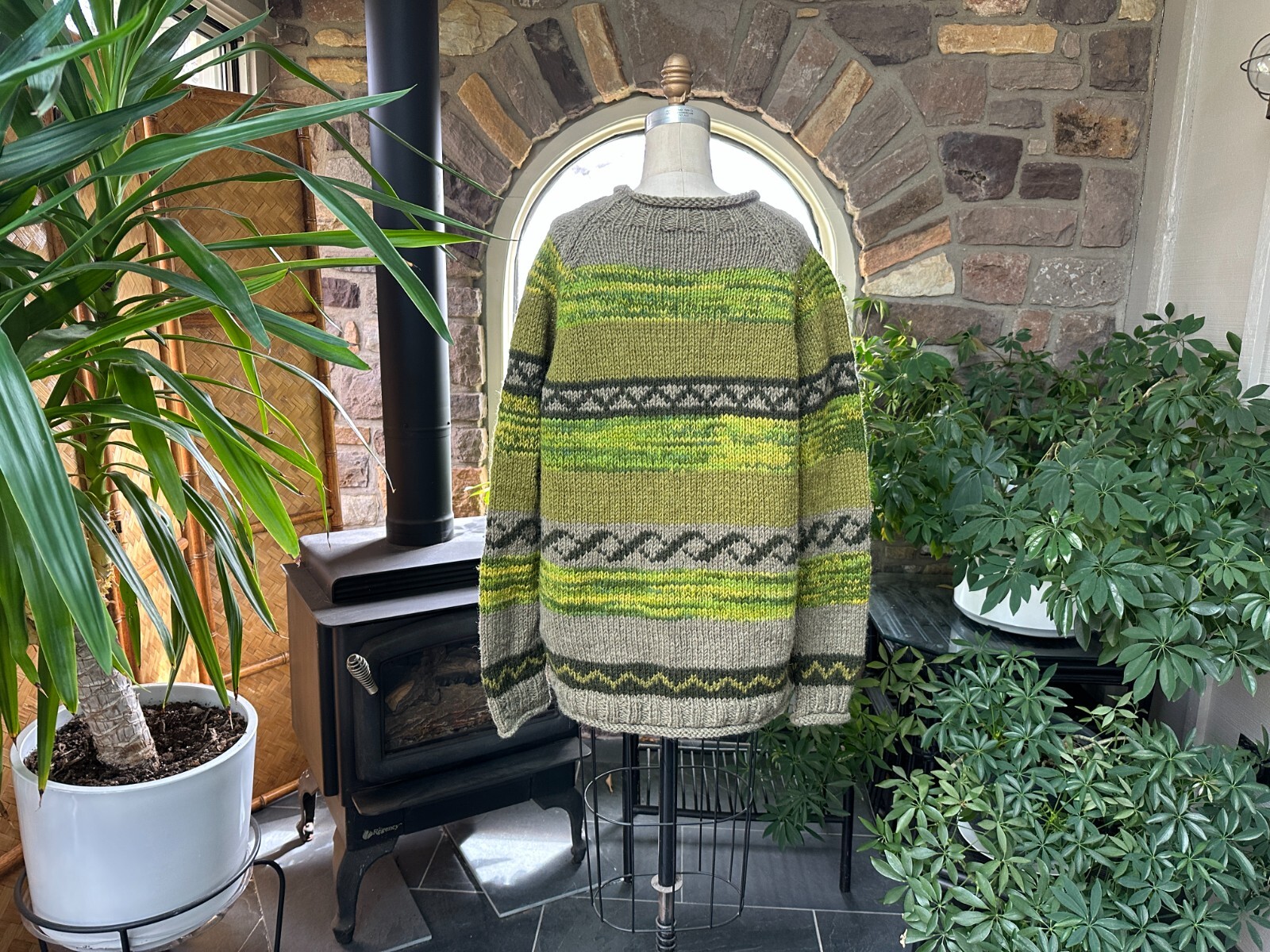 Vintage Gender Neutral Heavy Wool Sweater Rolled Collar Shades of Green