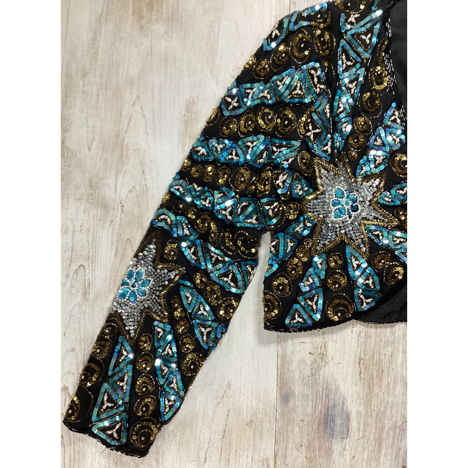 Scala Vintage Beaded Silk Bolero Jacket Gold Turquoise Sequin Starburst Medium