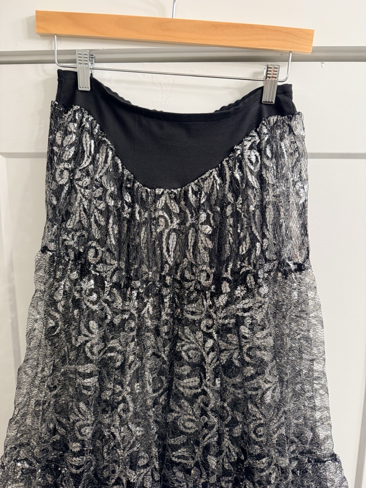 Vintage 80s Betsey Johnson Punk Label Silver Flare Metallic Lace Skirt Grunge